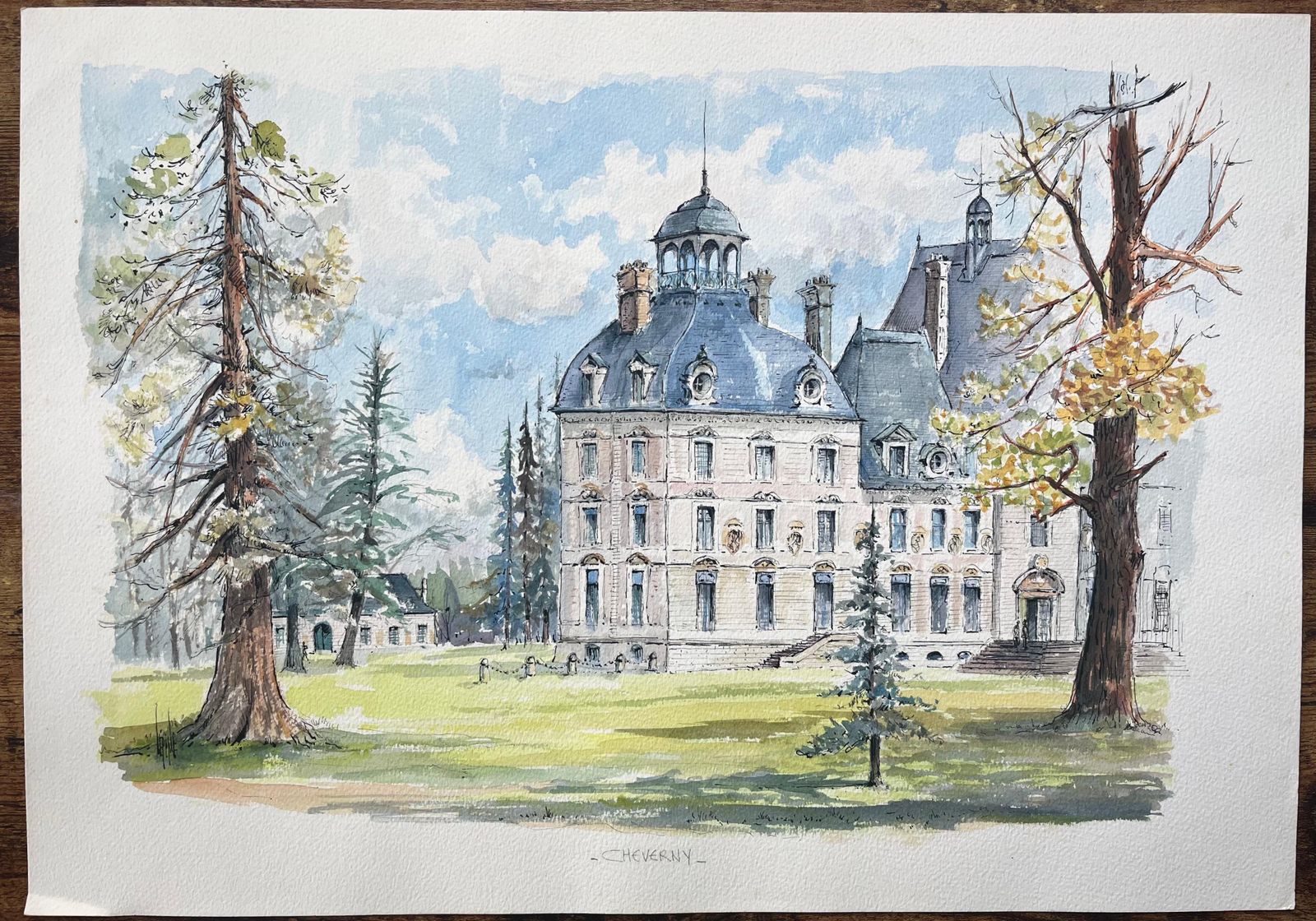 Robert Lepine (1929   2017)french Watercolor Of "Château De Cheverny" With Lush Grounds And Towering Trees20th Century photo furniture