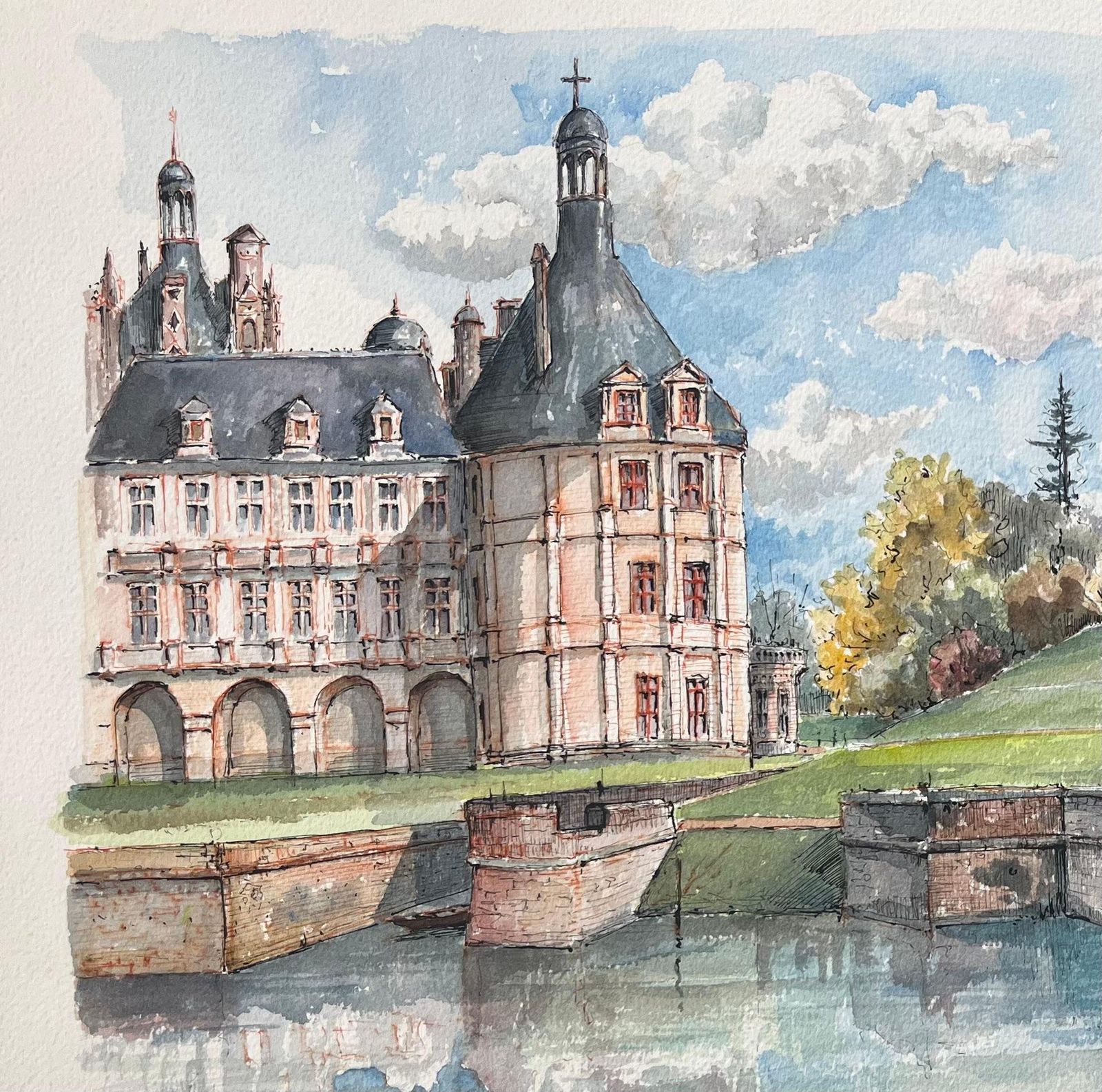 Robert Lepine (1929   2017)french Watercolor Of Château De Chambord With Reflective Canal Scene20th Century photo for sale