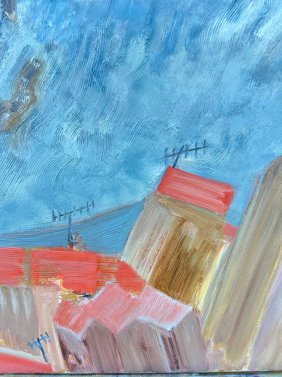 Gilbert Pelissierfrench 20th Century Blue Wave Over Orange Roof Town Coastal Landscape1984 photo Art