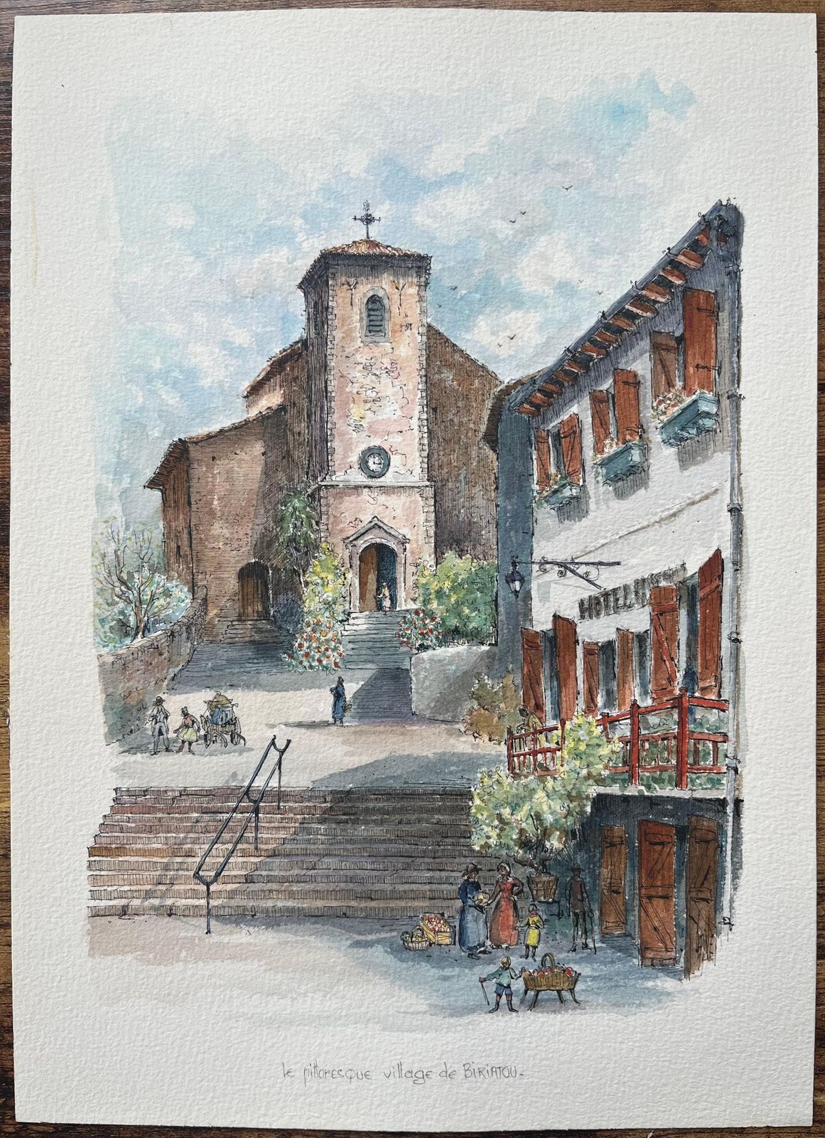Robert Lepine (1929   2017)french Watercolor Painting Of The Picturesque Village Of Biriatou20th Century photo furniture