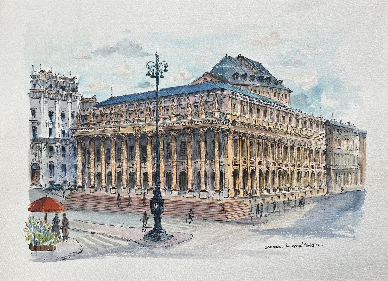 Robert Lepine (1929   2017)french Watercolor Of "Bordeaux: Le Grand Théâtre"20th Century