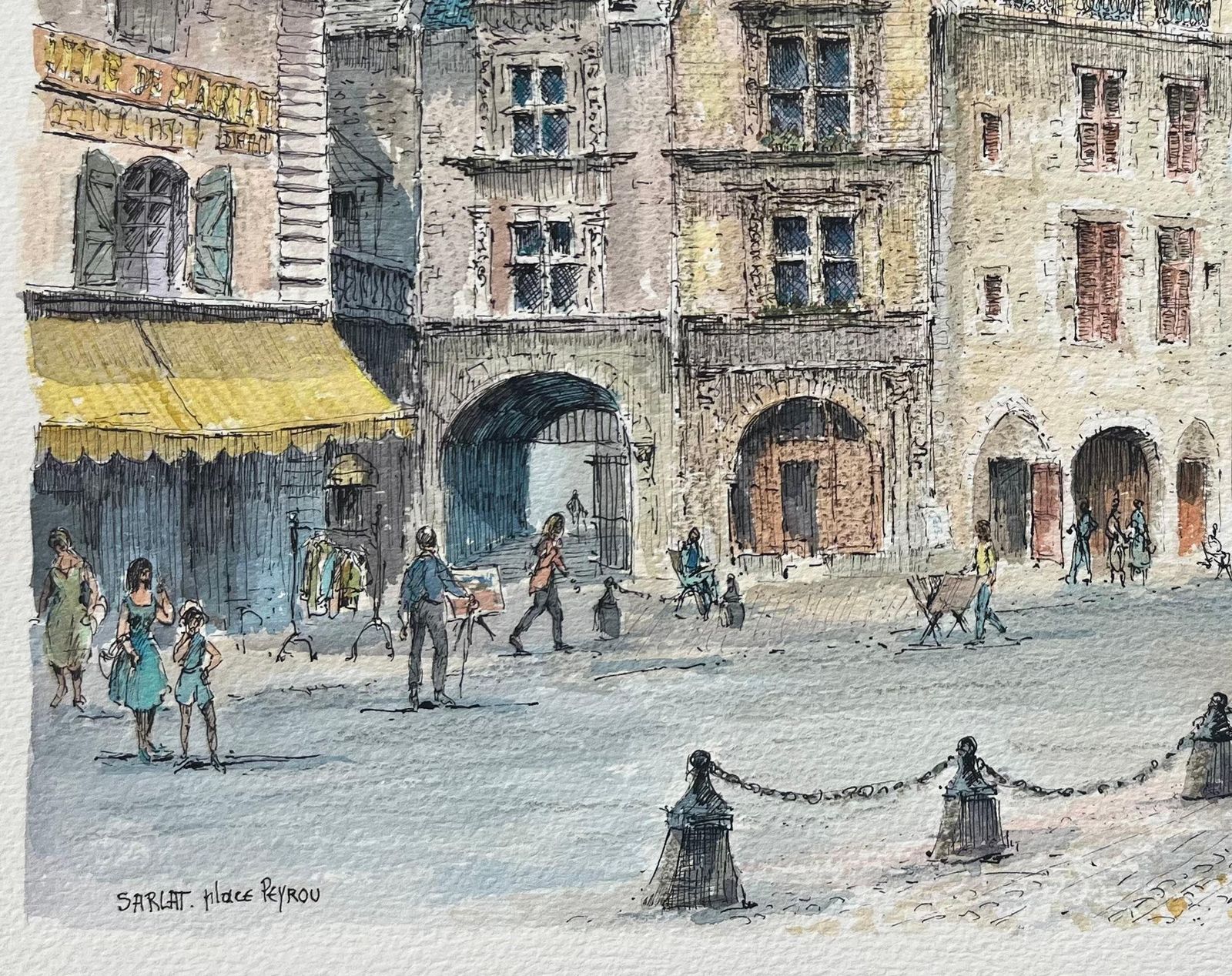 Robert Lepine (1929   2017)french Watercolor Painting Of Sarlat La Canéda, Place Peyrou20th Century photo Art