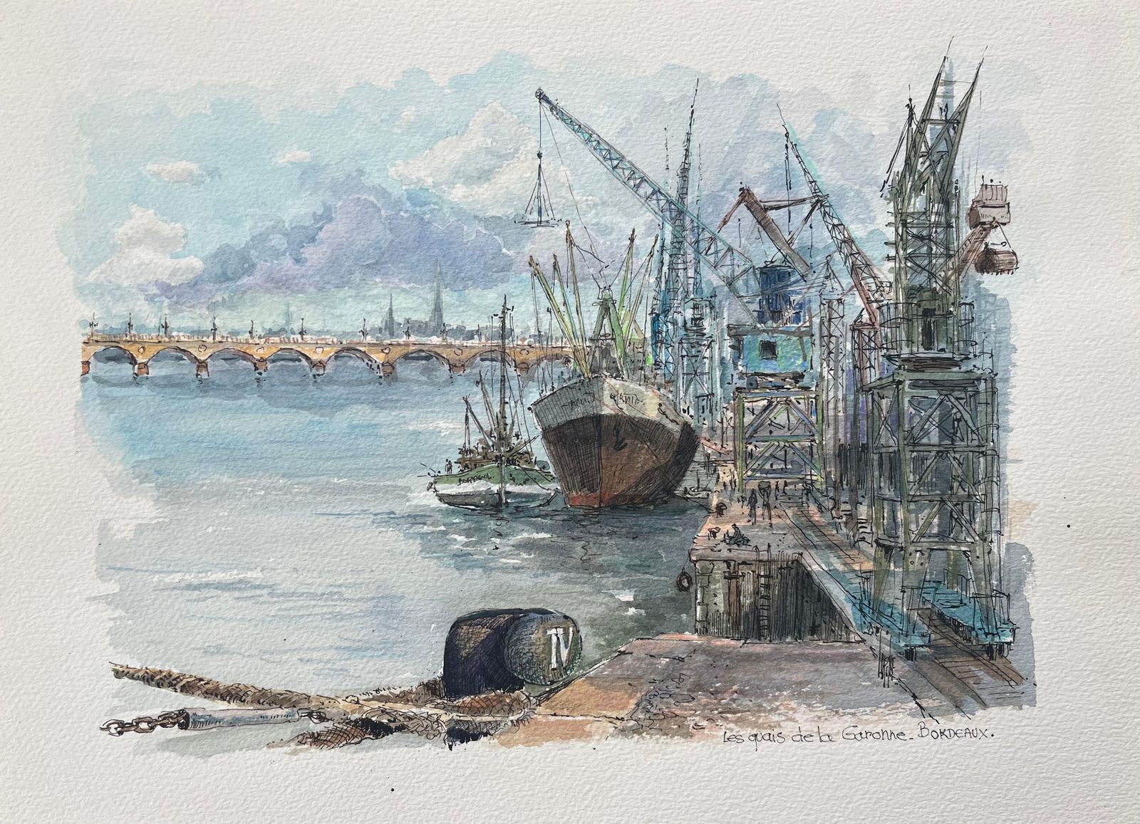 Robert Lepine (1929   2017)french Watercolor Of "Les Quais De La Garonne, Bordeaux" With Ships And Cranes20th Century