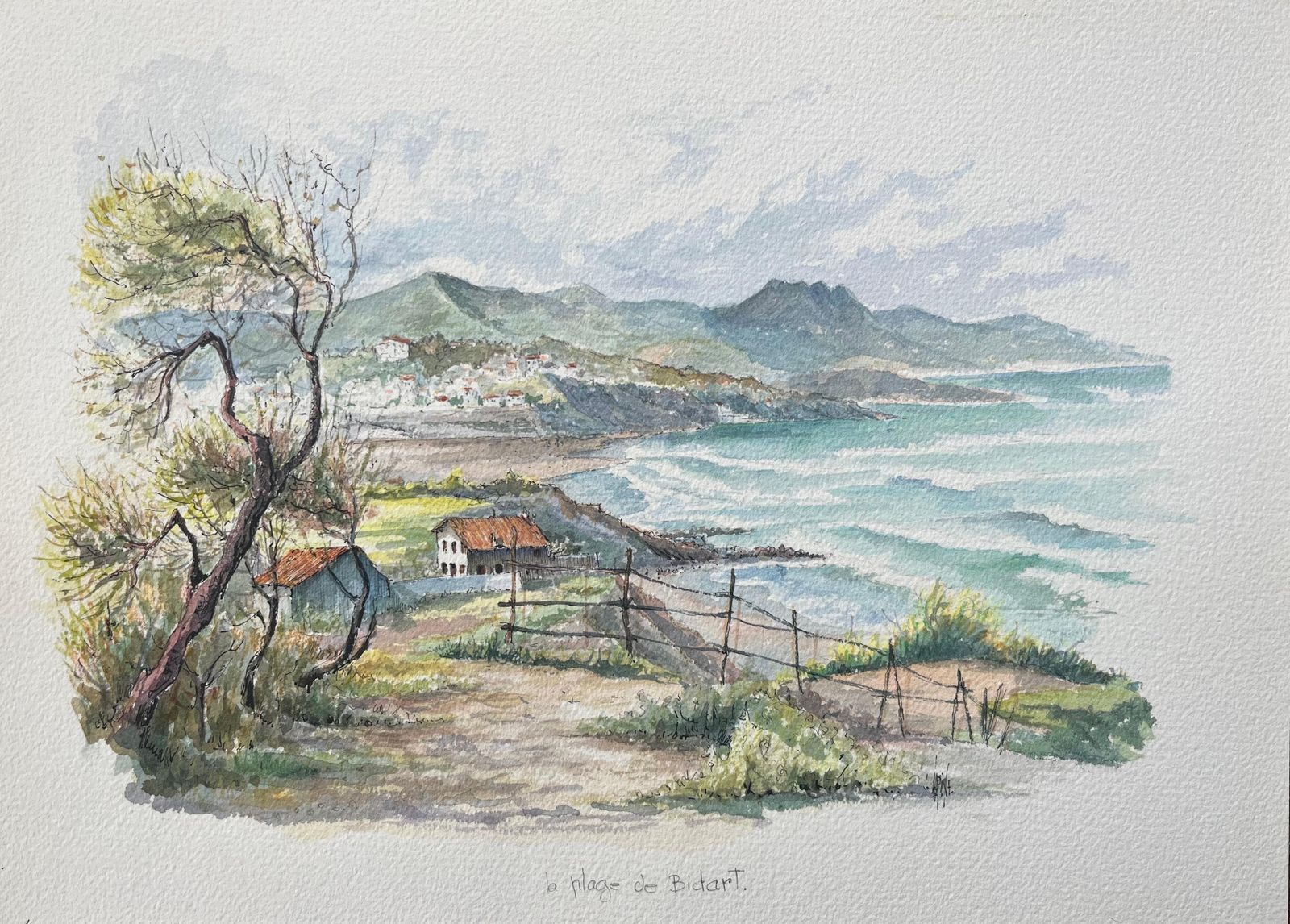 Robert Lepine (1929   2017)french Watercolor Painting Of “La Plage De Bidart” With Coastal Landscape20th Century