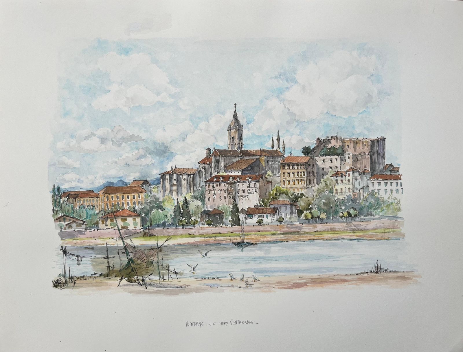 Robert Lepine (1929   2017)french Watercolor Painting Of “Vue Vers Fontarrabie” With Riverside Townscape20th Century