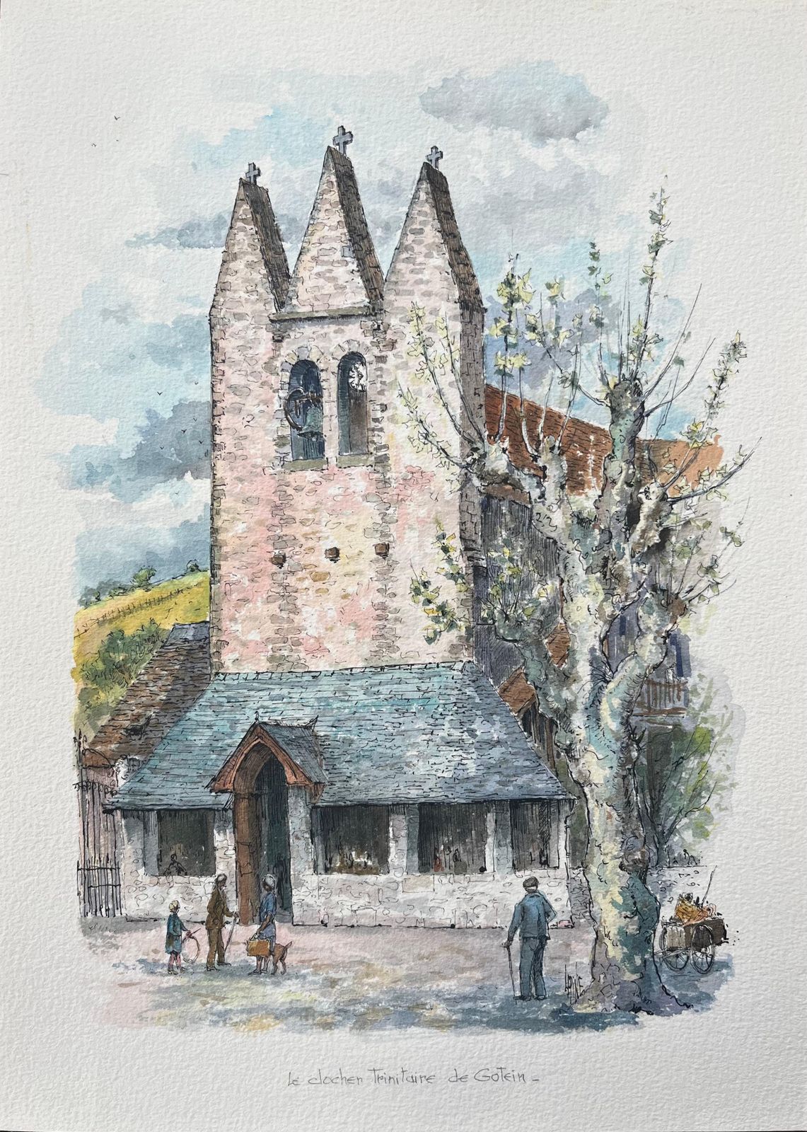 Robert Lepine (1929   2017)french Watercolor Of The Fortified Church Of Golinhac With Figures And Dog20th Century