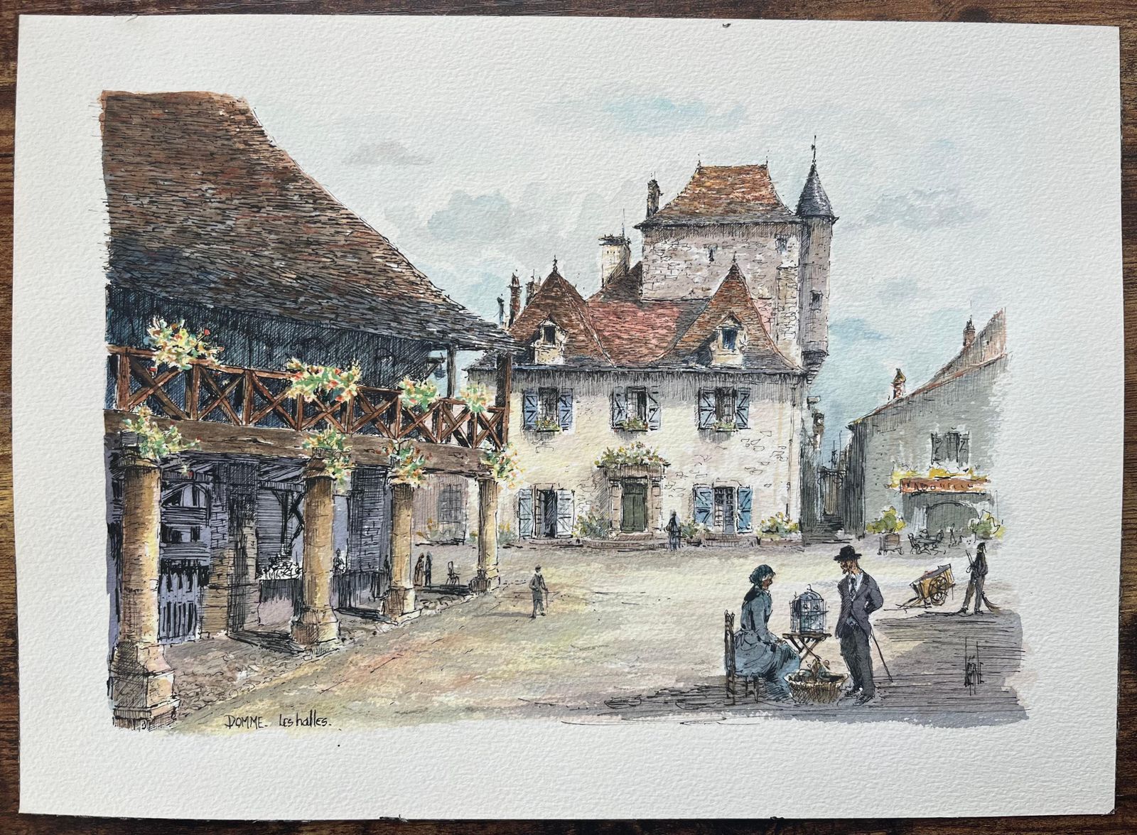 Robert Lepine (1929   2017)french Watercolor Painting Of “Les Halles” In Domme20th Century photo furniture