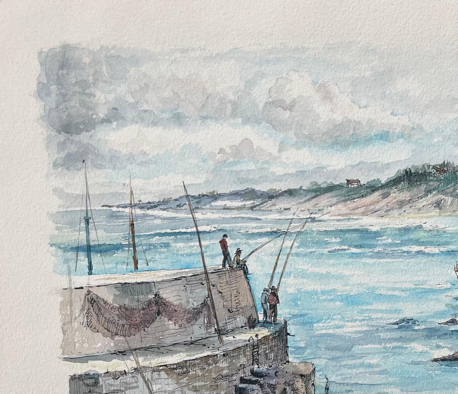 Robert Lepine (1929   2017)french Watercolor Painting Of “La Côte D’argent à Guéthary” With Sailing Ship20th Century photo vinterior