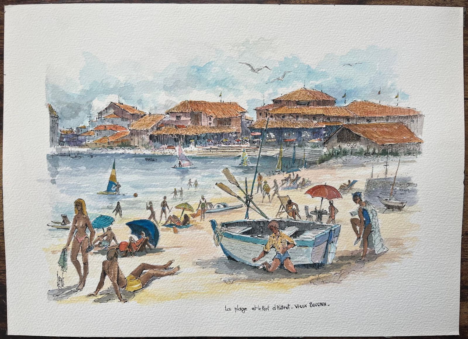 Robert Lepine (1929   2017)french Watercolor Painting Of “La Plage Et Le Port D’albret” In Vieux Boucau20th Century photo furniture
