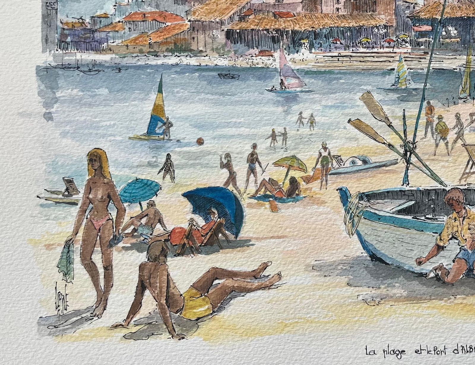 Robert Lepine (1929   2017)french Watercolor Painting Of “La Plage Et Le Port D’albret” In Vieux Boucau20th Century photo Art