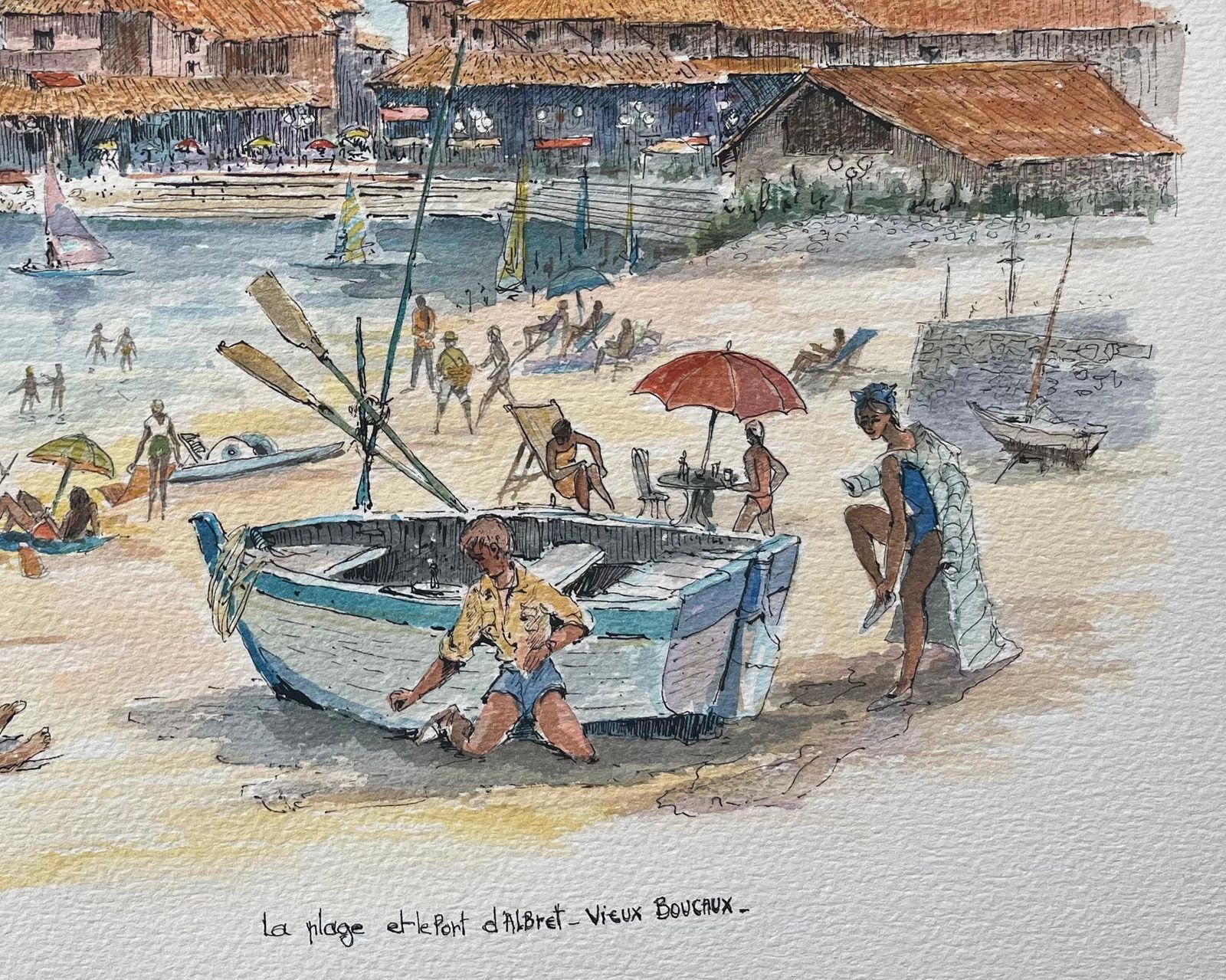 Robert Lepine (1929   2017)french Watercolor Painting Of “La Plage Et Le Port D’albret” In Vieux Boucau20th Century photo 458.0