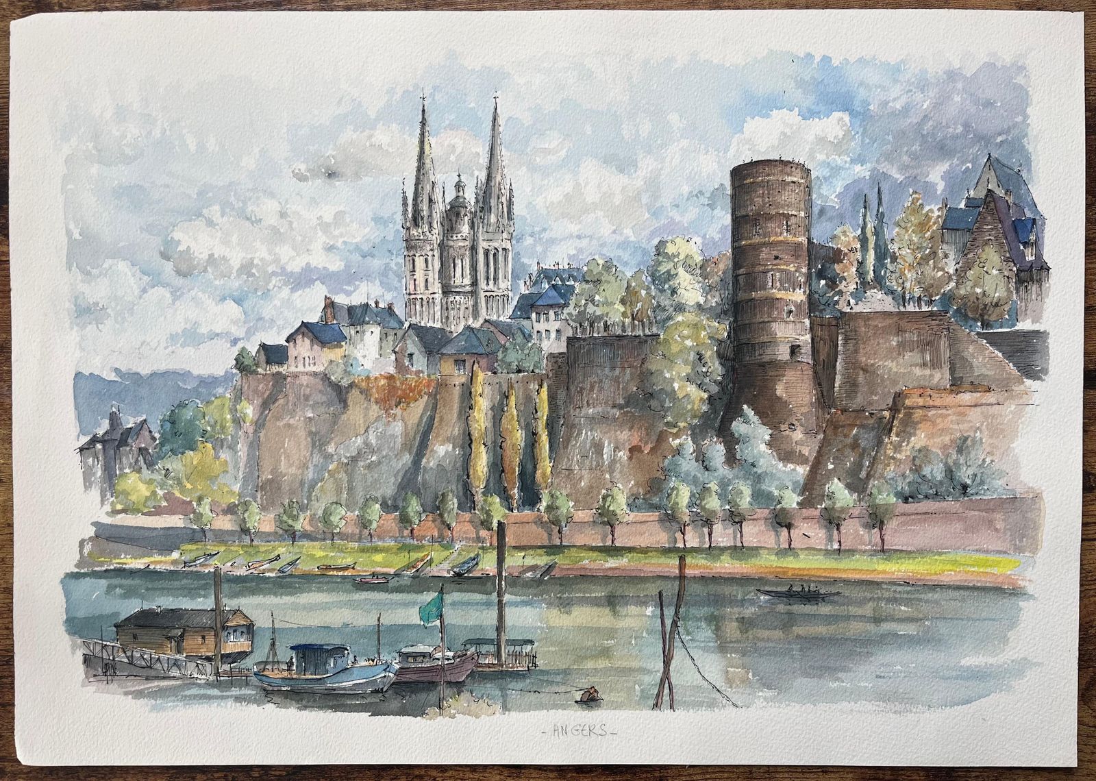 Robert Lepine (1929   2017)french Watercolor Of "Angers With Château And Cathedral" Along The Maine River20th Century photo furniture