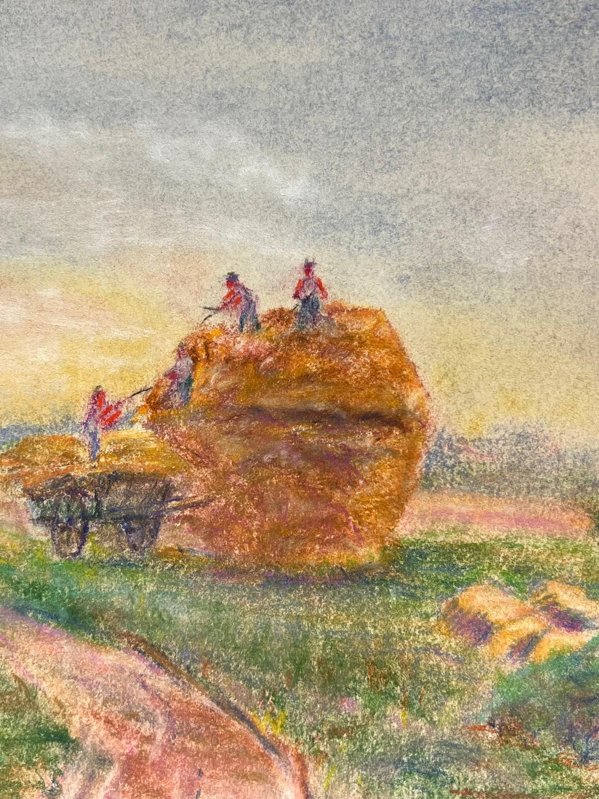 Regine Davidmid 20th Century Harvest In Summer Rural Pastel Scene Of Farmers At Work1947 photo for sale