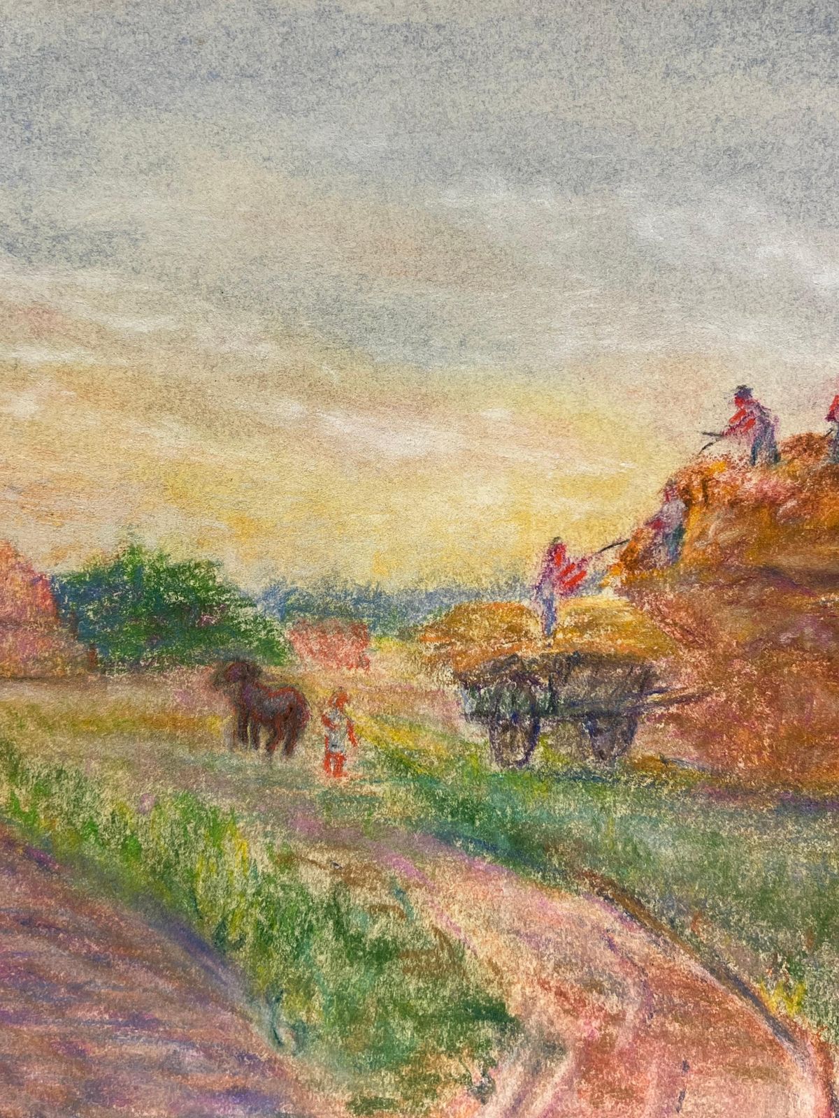 Regine Davidmid 20th Century Harvest In Summer Rural Pastel Scene Of Farmers At Work1947 photo Art