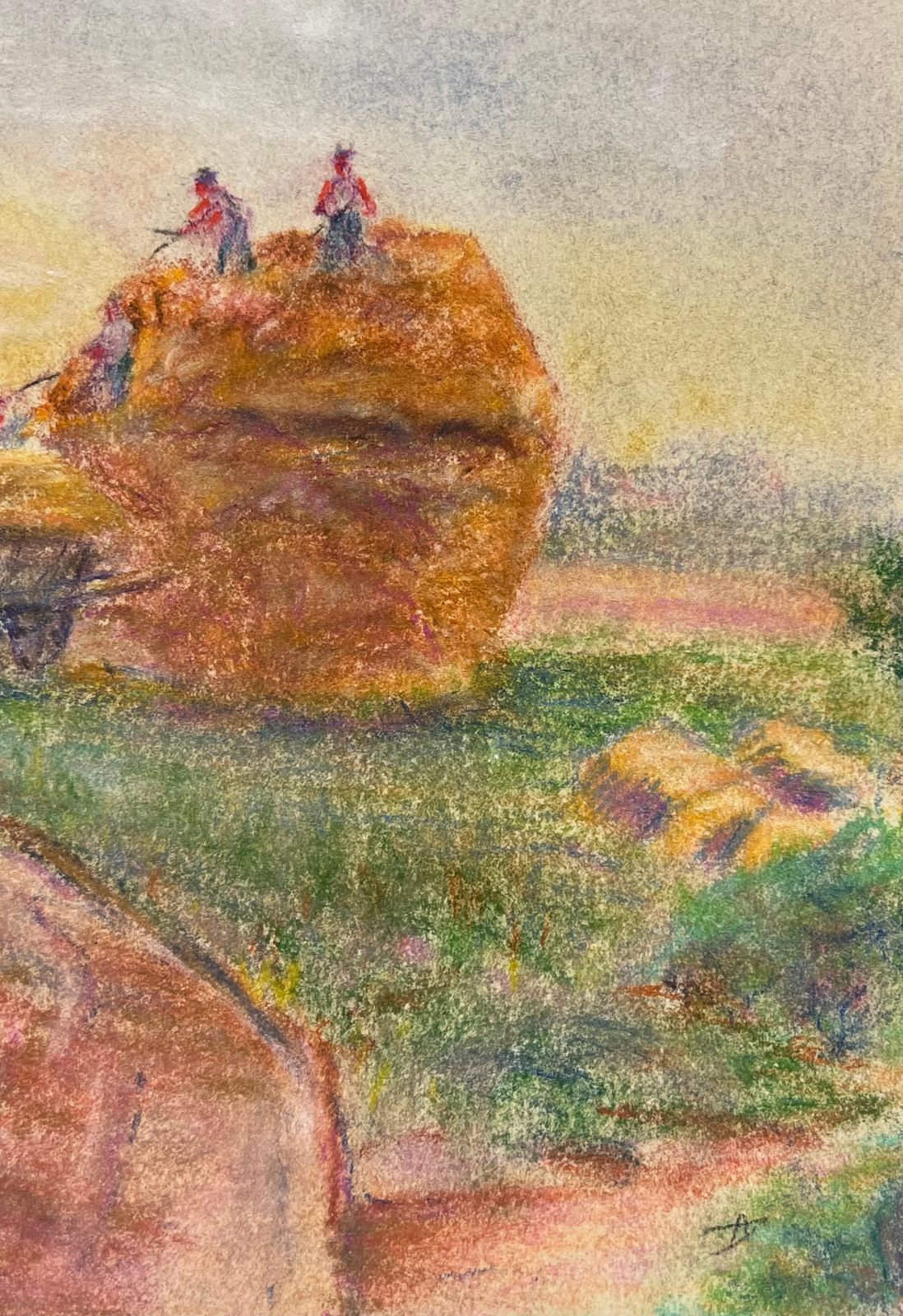 Regine Davidmid 20th Century Harvest In Summer Rural Pastel Scene Of Farmers At Work1947 photo 331.0