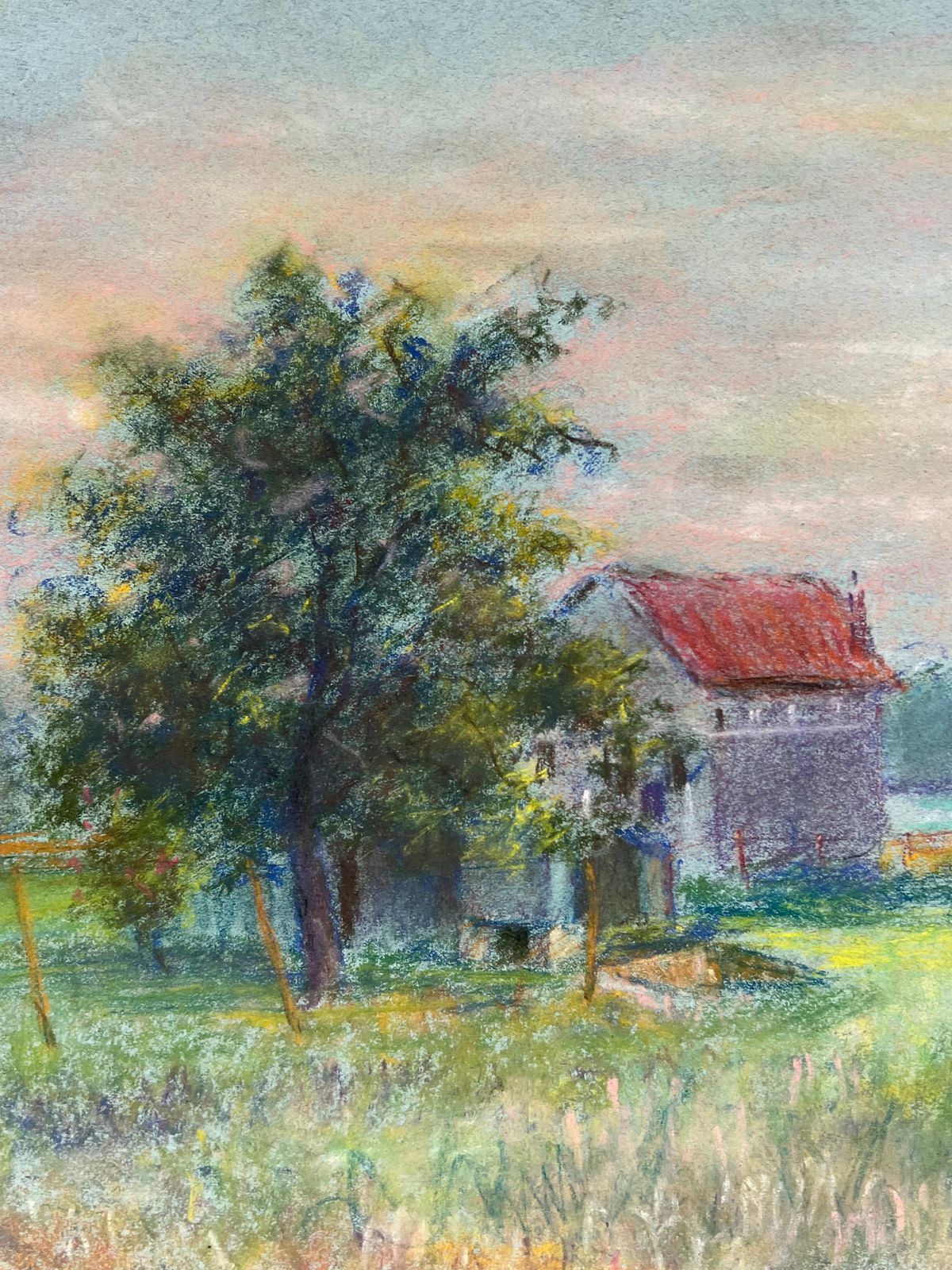 Regine Davidmid 20th Century French Countryside Pastel Landscape Of A Farmhouse In Field1946 photo for sale