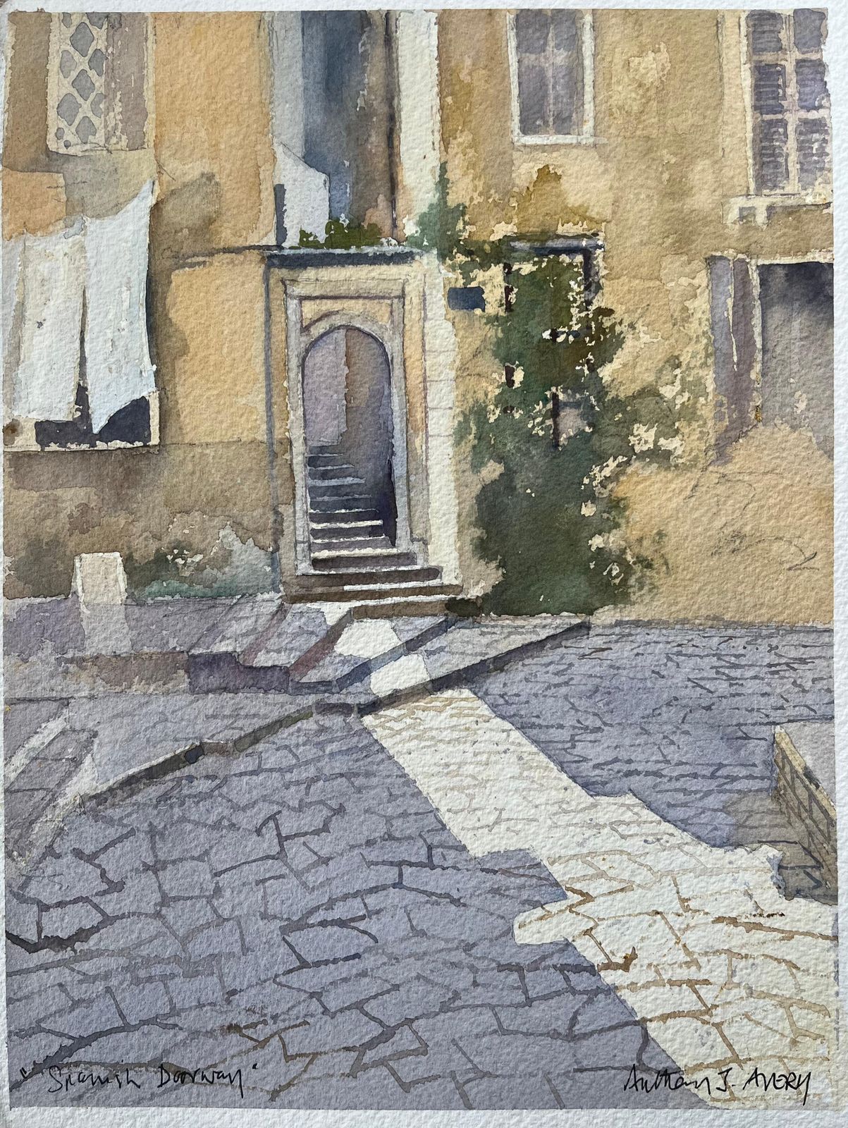 Anthony Averybritish Watercolor Of A Stone Courtyard And Rustic Spanish Doorway