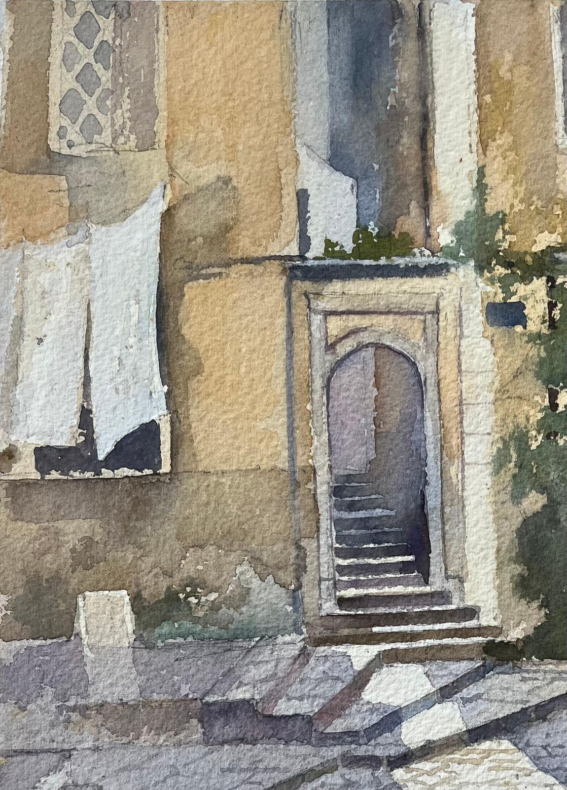 Anthony Averybritish Watercolor Of A Stone Courtyard And Rustic Spanish Doorway photo 504.0