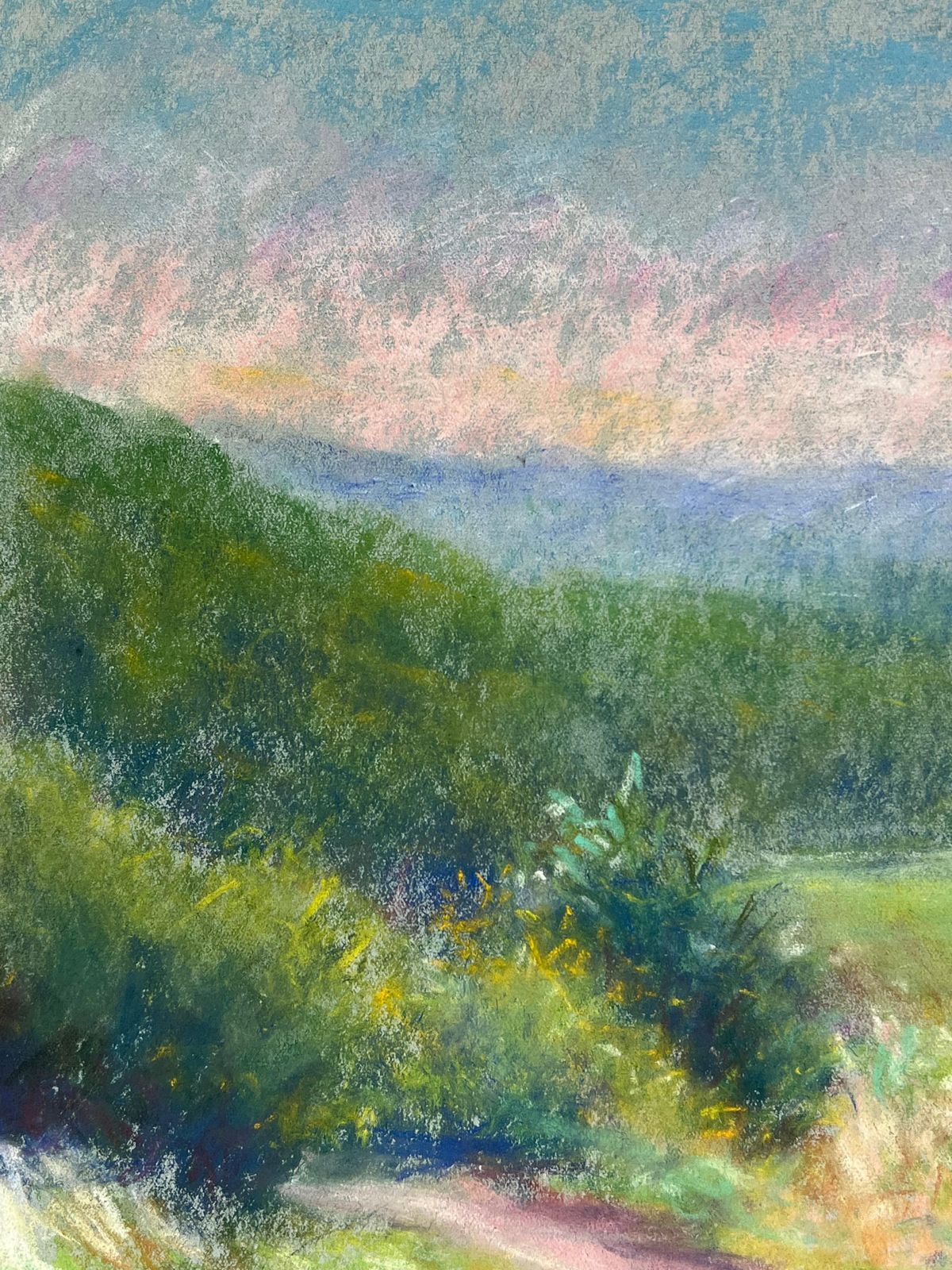 Regine Davidvibrant Hillside View Pastel Landscape Of Rolling Greens And Distant Mountain1947 photo Art