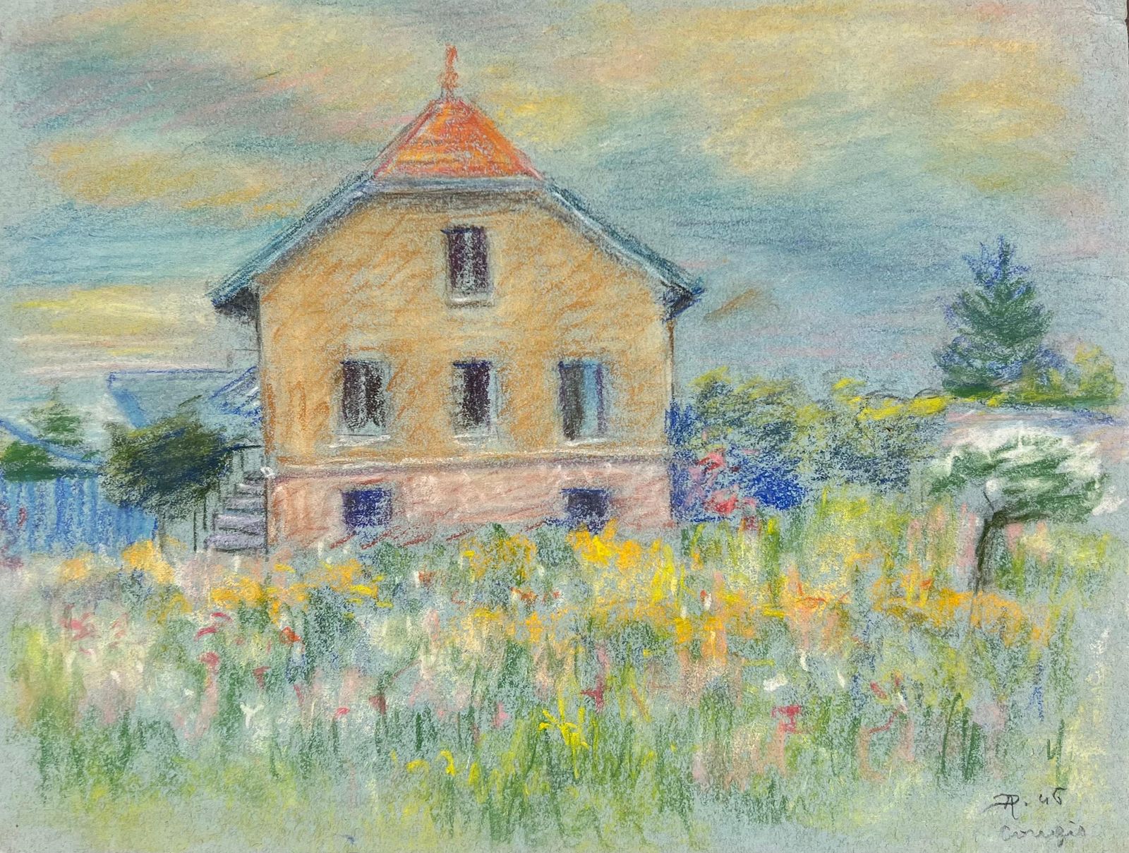Regine Davidmid 20th Century French House In A Summer Meadow A Pastel Landscape1947