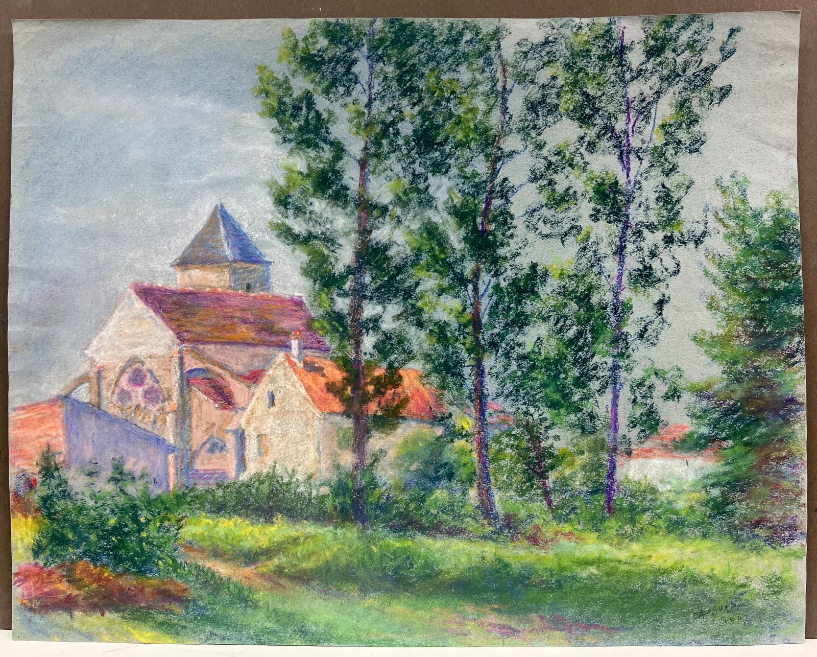Regine Davidmid 20th Century French Pastel Landscape Of A Village Church Among Trees1967 photo furniture