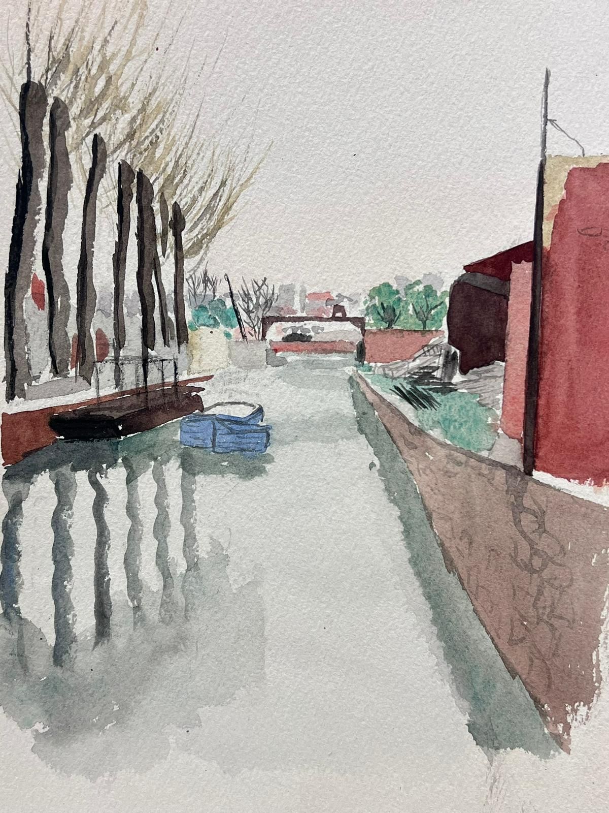French Schoolcanal Scene In Watercolour Narrow Waterway With Leafless Trees And Reflections photo for sale
