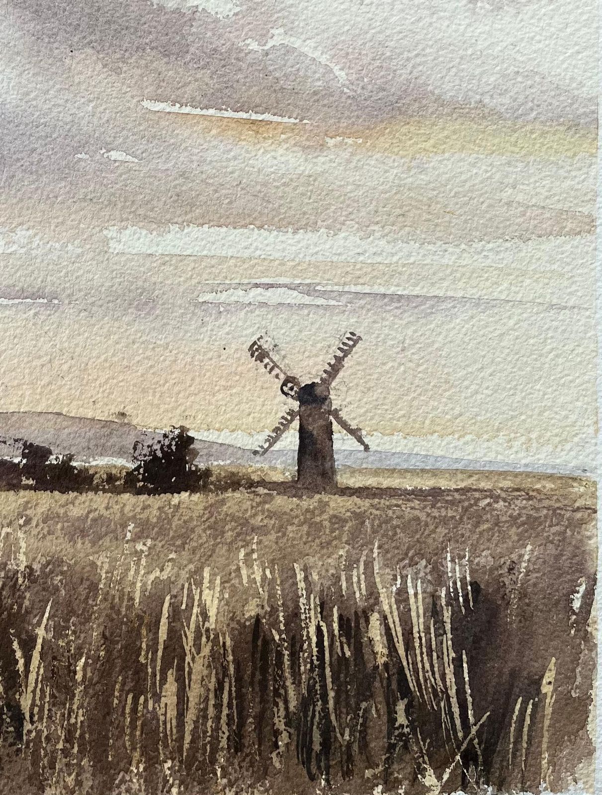 Anthony Averybritish Original Watercolor Of A Windmill At Dusk photo for sale