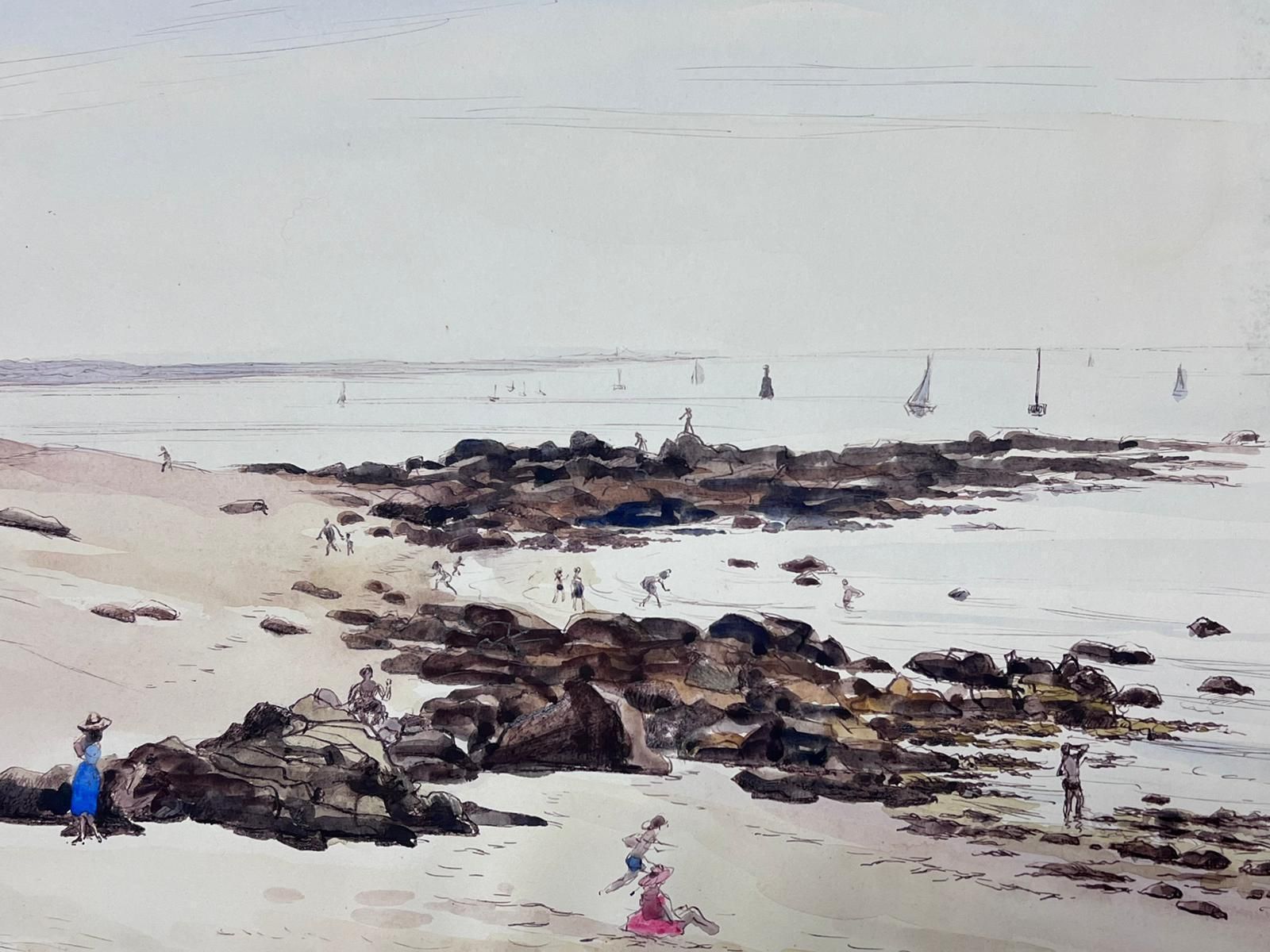 Josine Vignonbeach Scene With Figures Enjoying The Shoreline Gentle Waves Sailing Boats1950s photo furniture