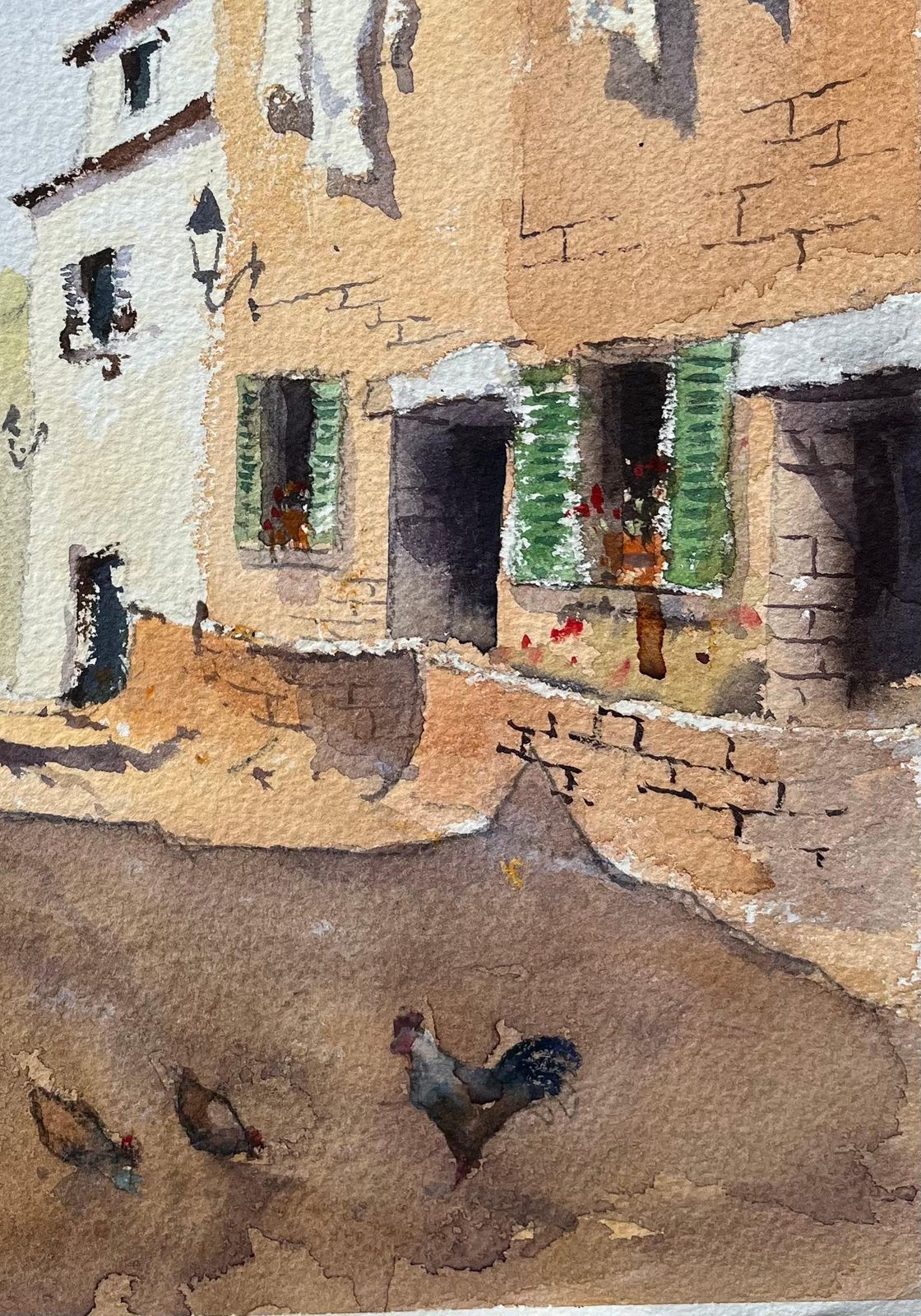 Anthony Averybritish Watercolor Of A Sunlit Village Scene With Horse And Cart And Chickens photo for sale