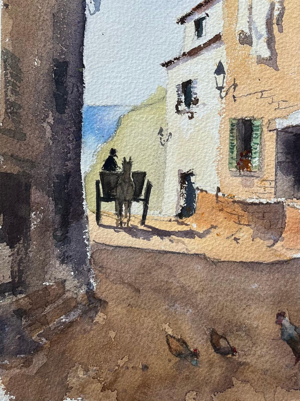 Anthony Averybritish Watercolor Of A Sunlit Village Scene With Horse And Cart And Chickens photo 499.0