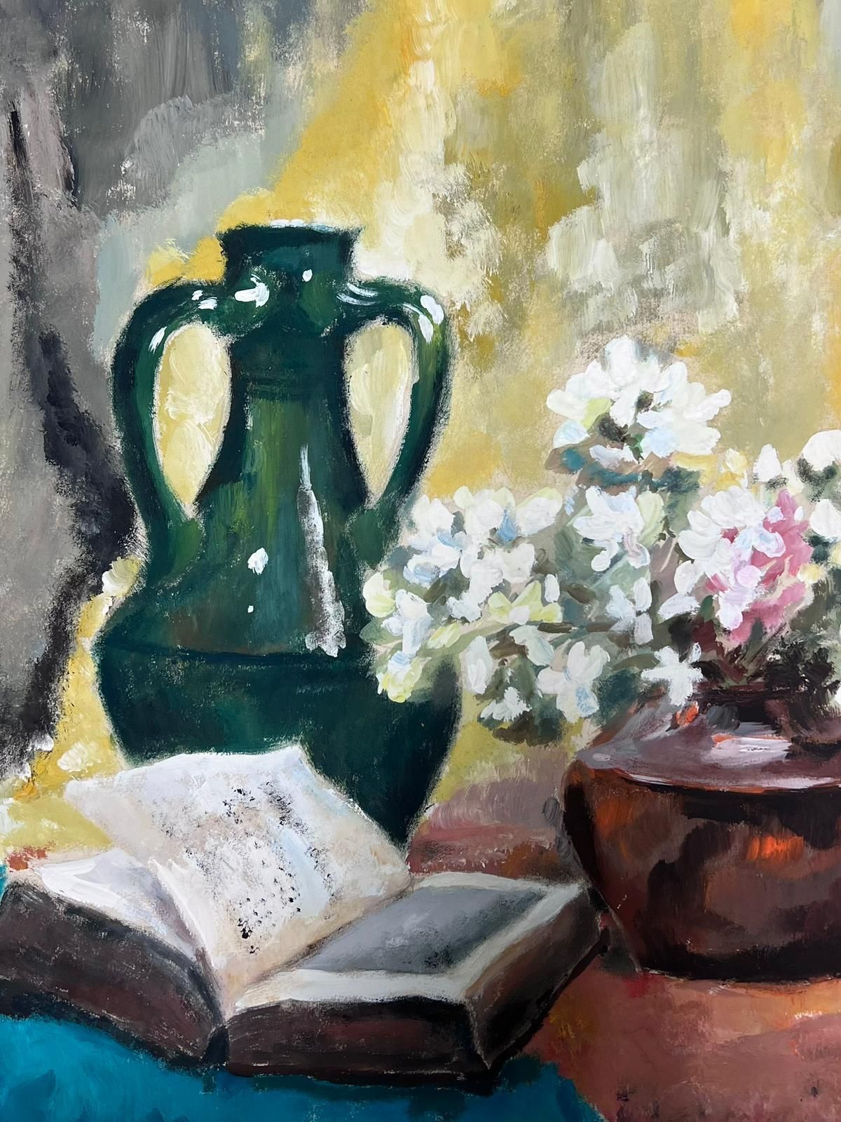 Josine Vignonfrench A Still Life With Open Book, Vase And Blossoming Plant1950s photo for sale
