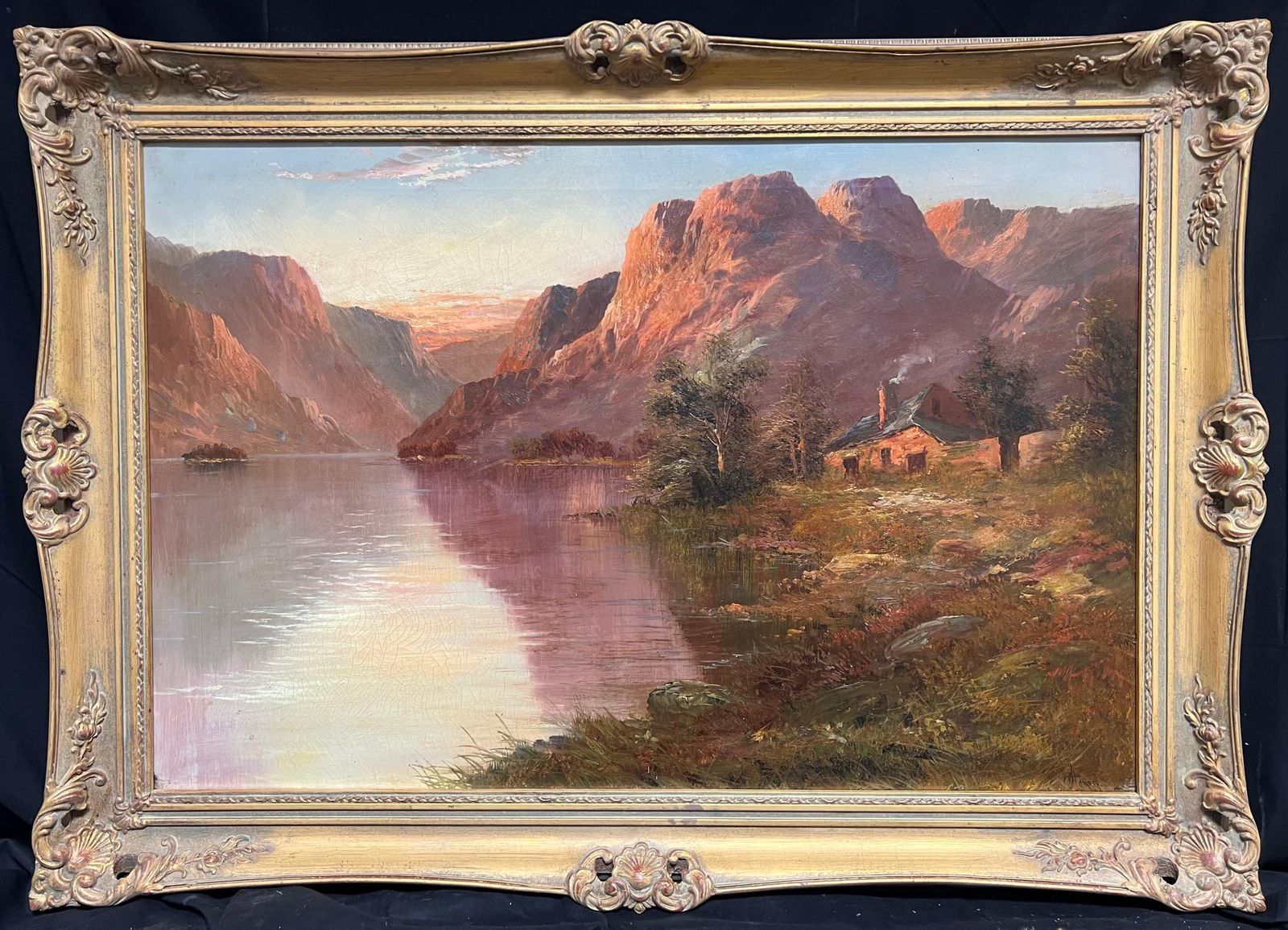 F. E. Jamiesonsunset Antique Scottish Landscape Signed Oil Painting Cottage By Highland Loch1920's