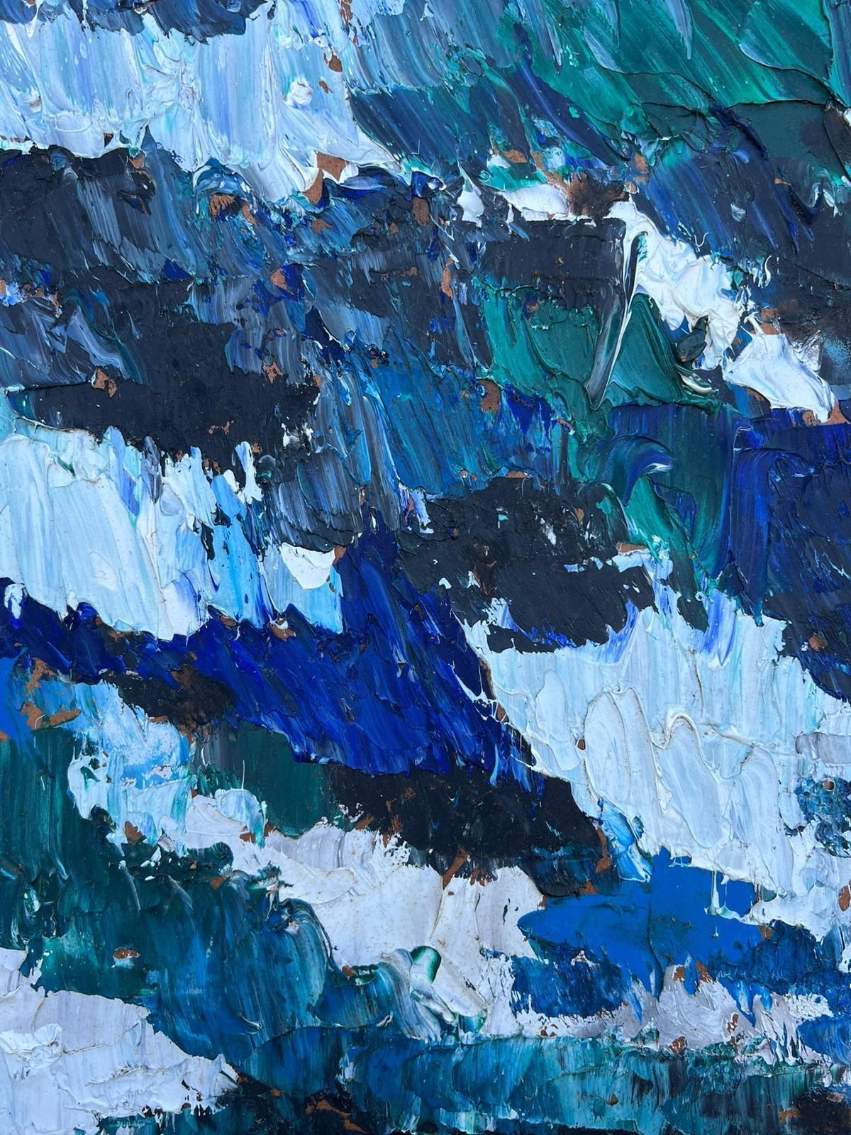 French Cubist 1950'sabstract Seascape Bold Brushstrokes Thick Shades Blue & Grey French Mid 20th Oil1950's photo furniture