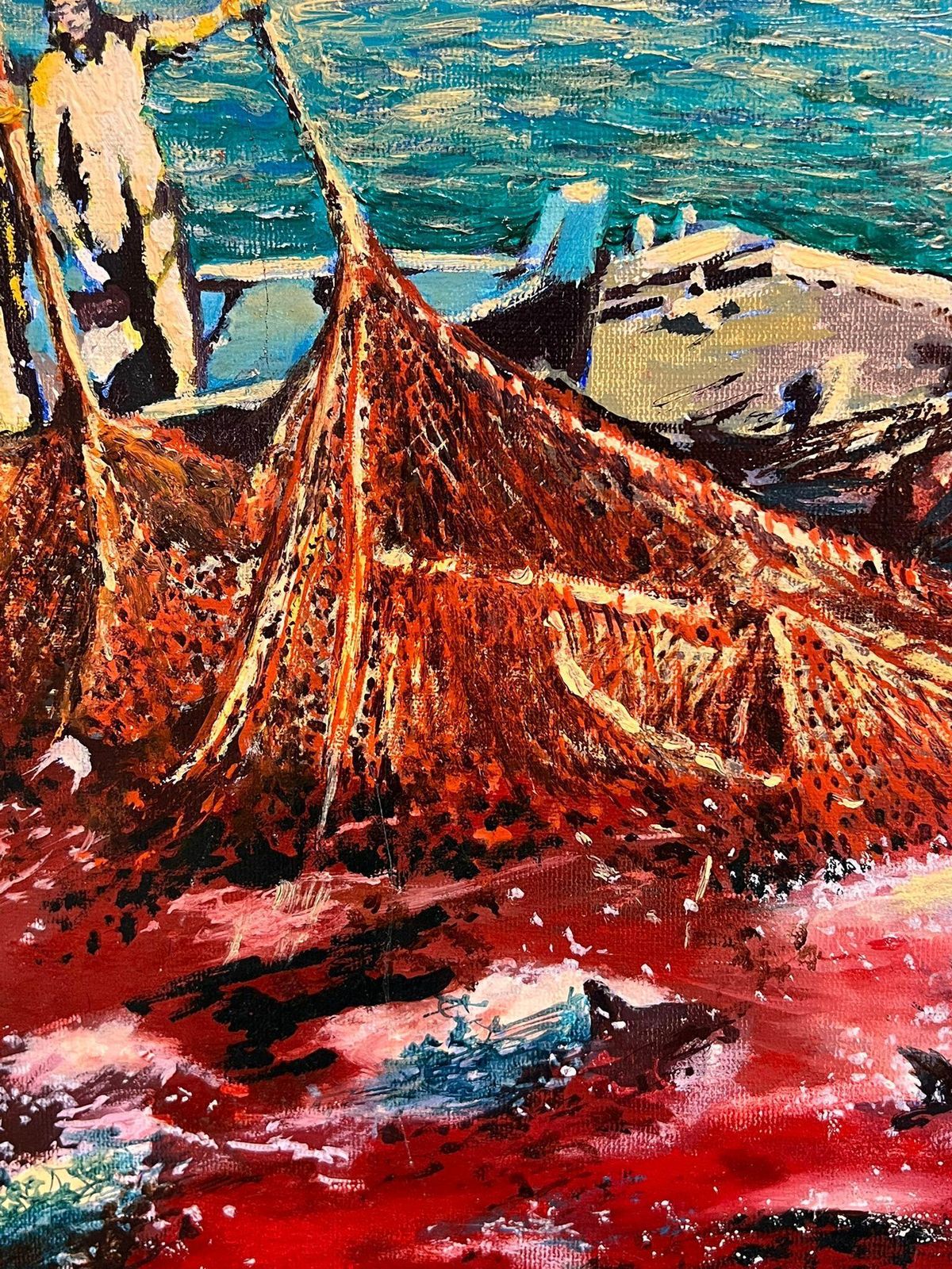 Gilbert Fuliolarge French Modernist Oil Painting Tuna Fishermen At Sea With Their Catch, 19931993 photo vinterior