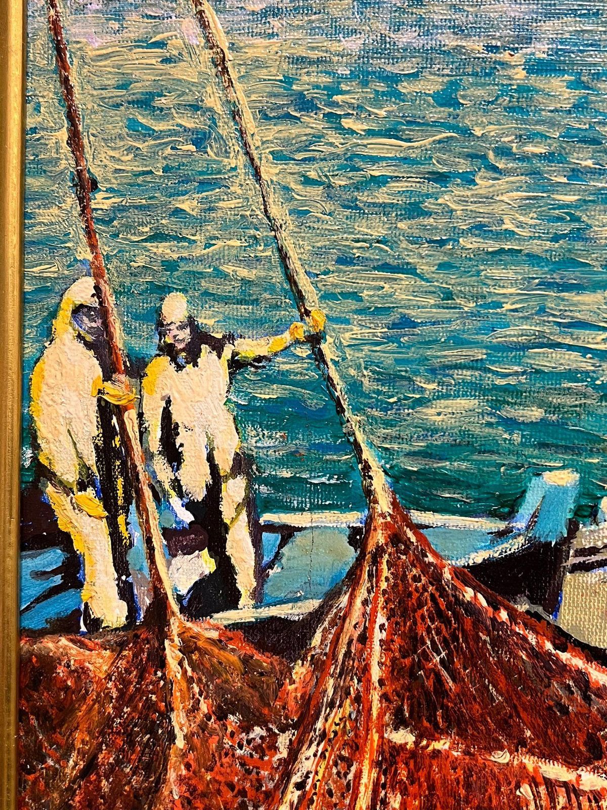 Gilbert Fuliolarge French Modernist Oil Painting Tuna Fishermen At Sea With Their Catch, 19931993 photo buy