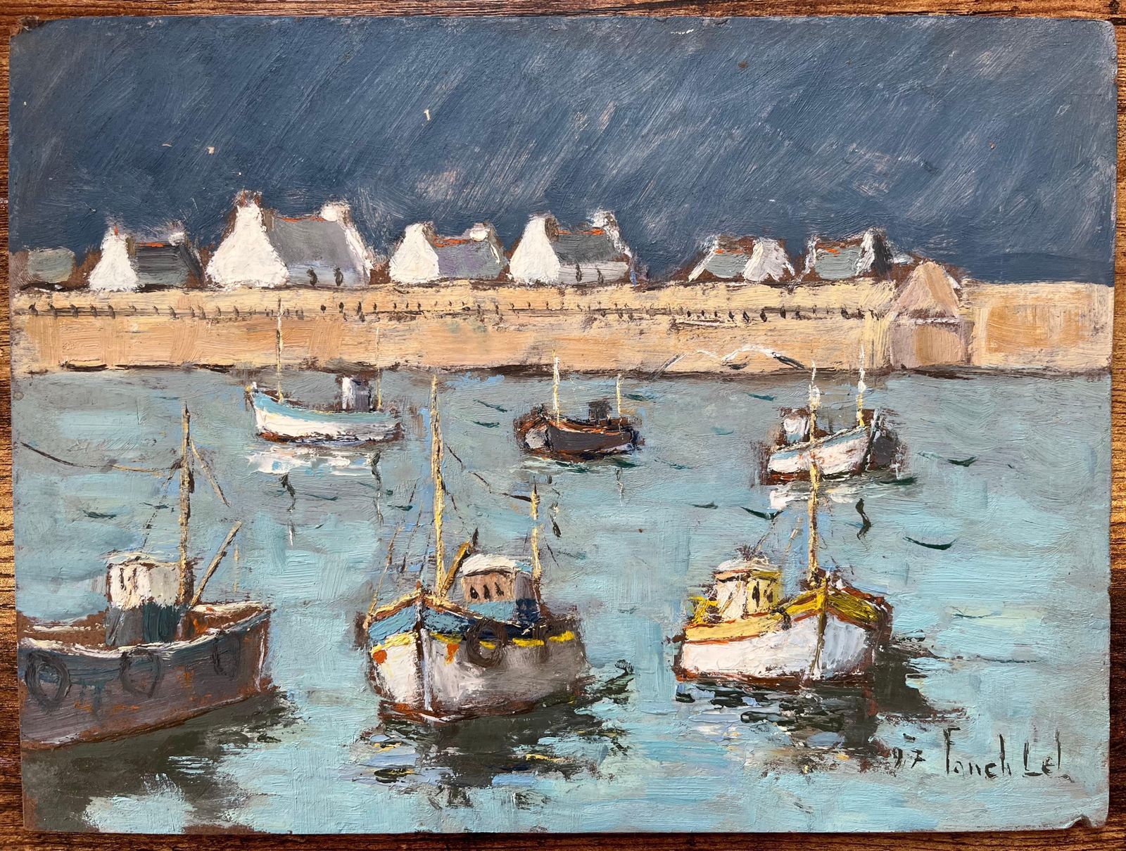 Fanch Lelfrench Impressionist Oil Painting Of Fishing Boats In A Harbor1997 photo furniture