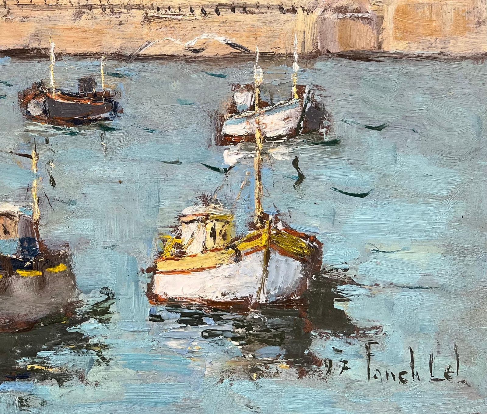 Fanch Lelfrench Impressionist Oil Painting Of Fishing Boats In A Harbor1997 photo for sale