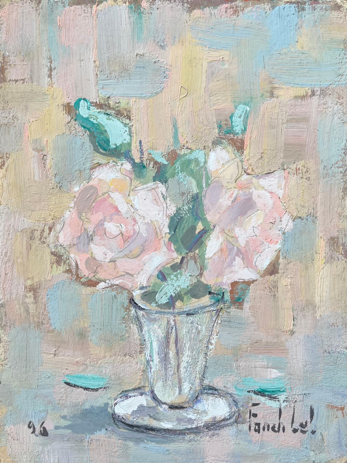 Fanch Lelfrench Impressionist Oil Painting Of Flowers In A Glass Vase1996