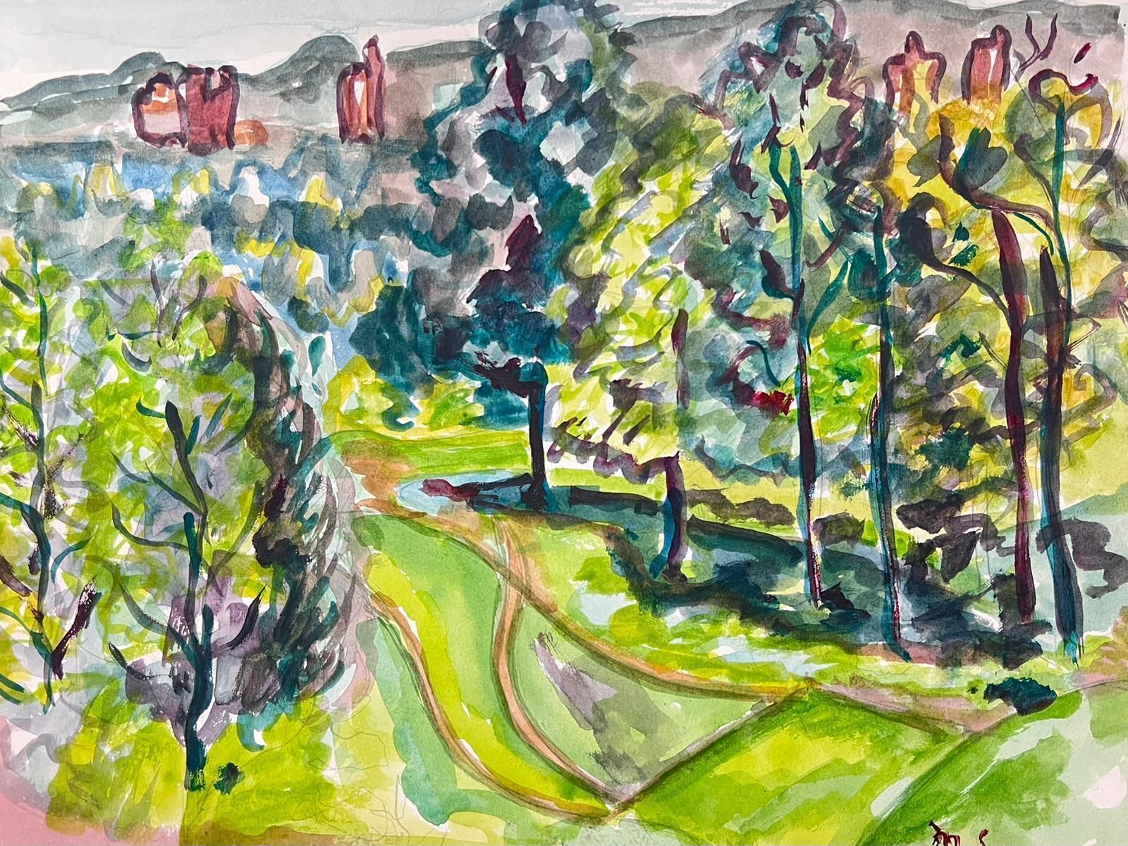 Marjorie Schiele (1913 2008)vibrant Watercolor Landscape Of A Sunlit Forest And Rolling Hills photo furniture