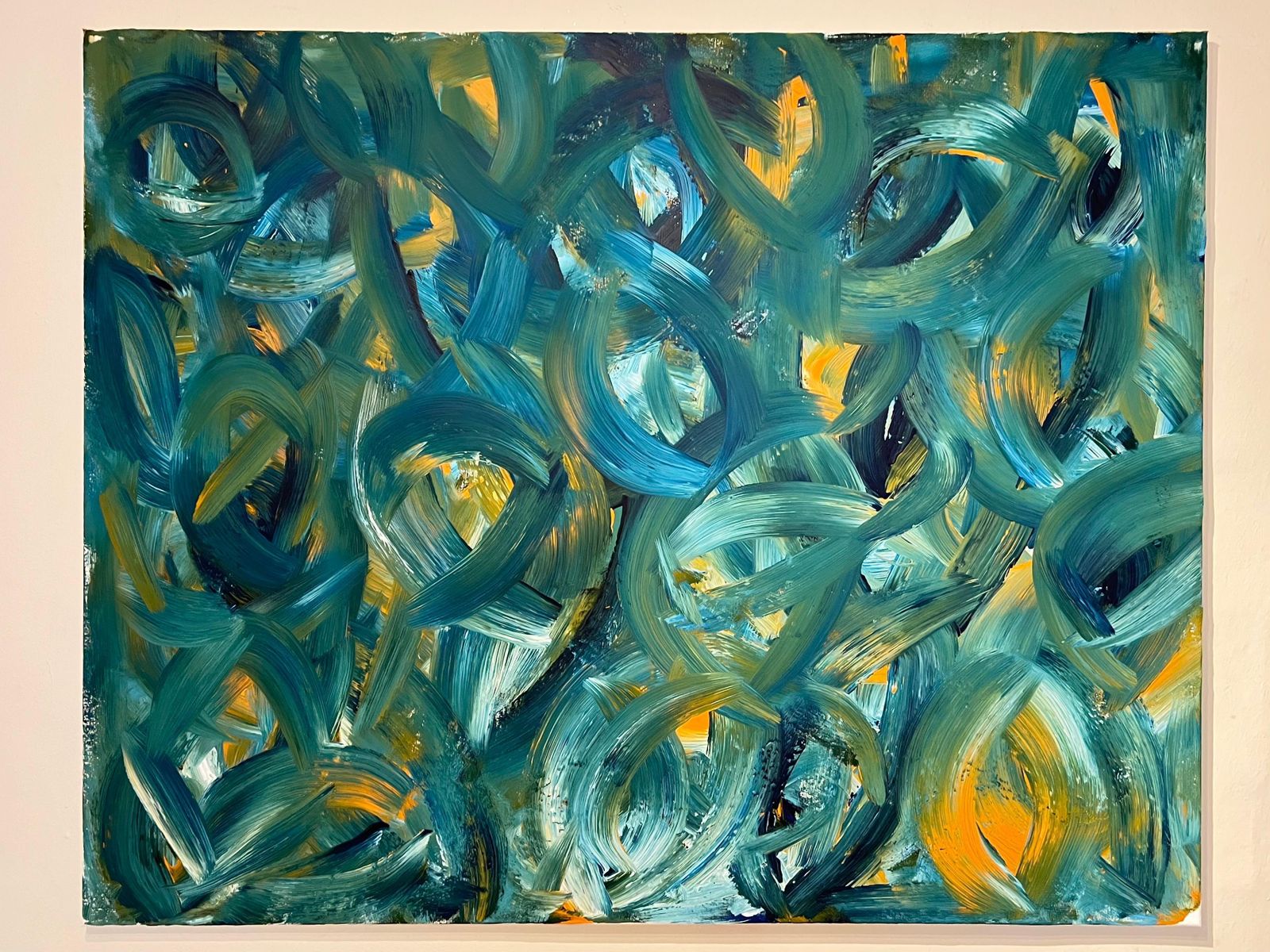 Sally Bradshawbritish Abstract Painting Contemporary Bold Brushstrokes In Teal Blue And Yellowc.2024 photo furniture