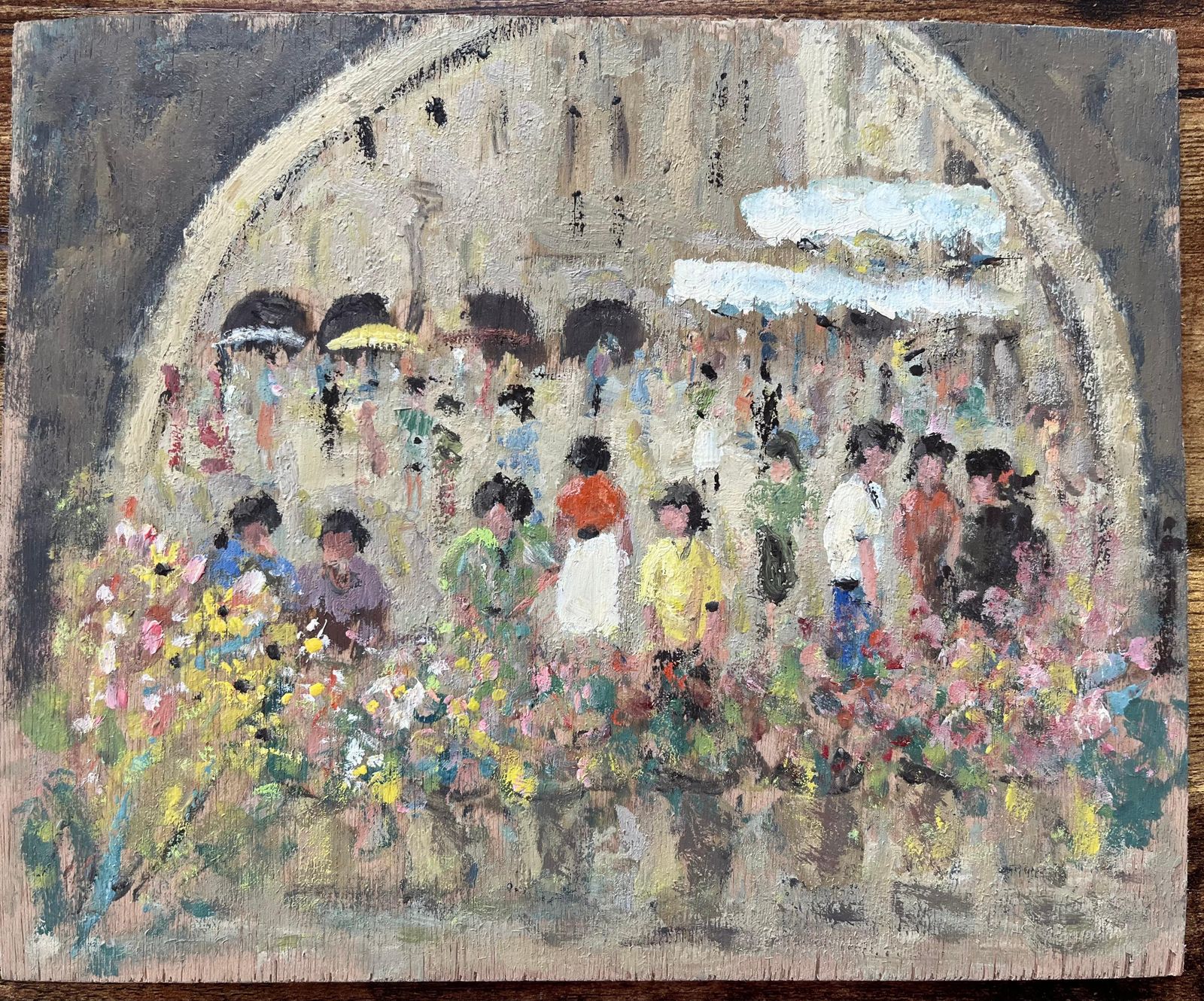 Fanch Lelfrench Impressionist Oil Painting Of A Bustling Flower Market With Figures photo furniture