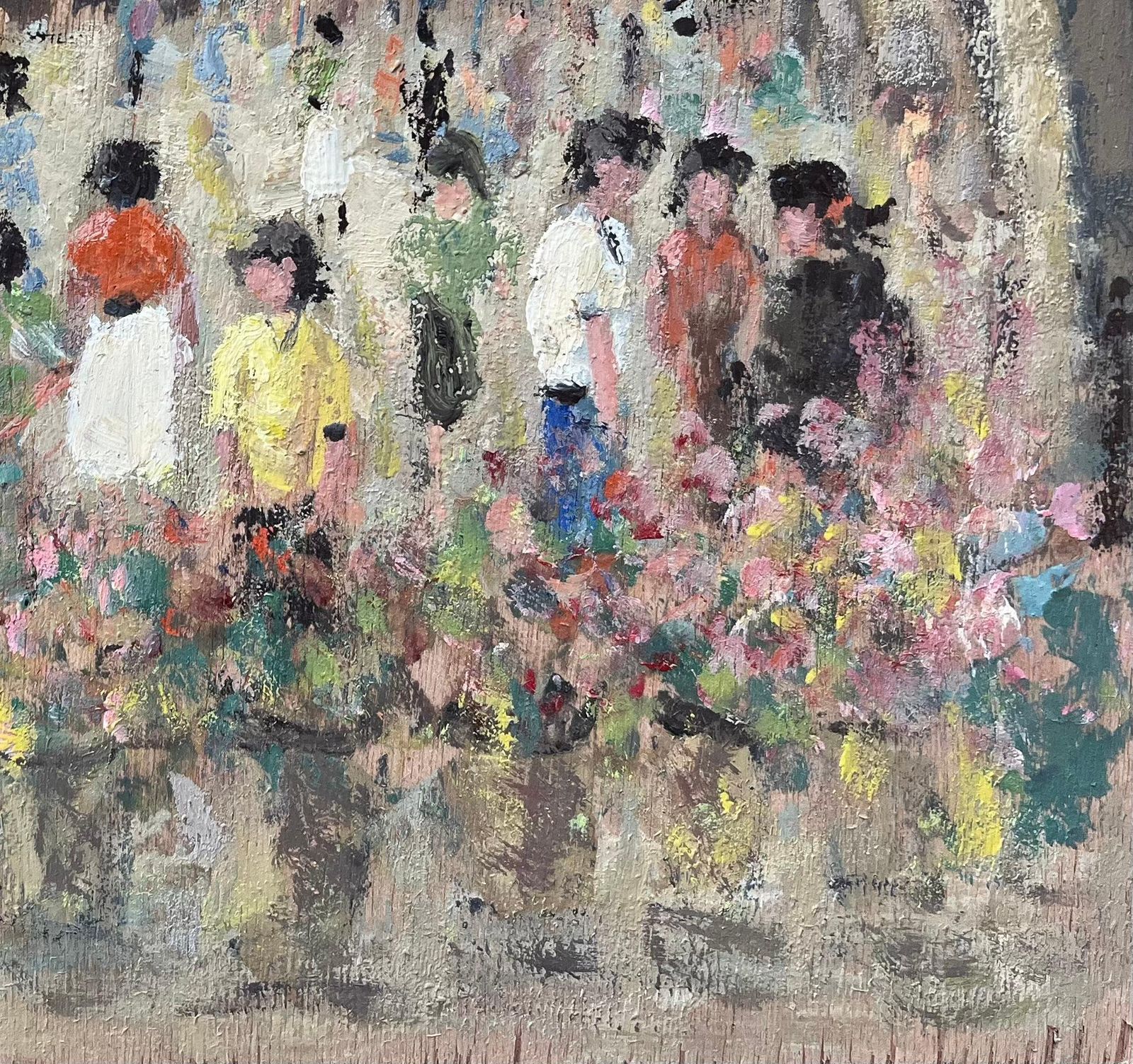 Fanch Lelfrench Impressionist Oil Painting Of A Bustling Flower Market With Figures photo for sale
