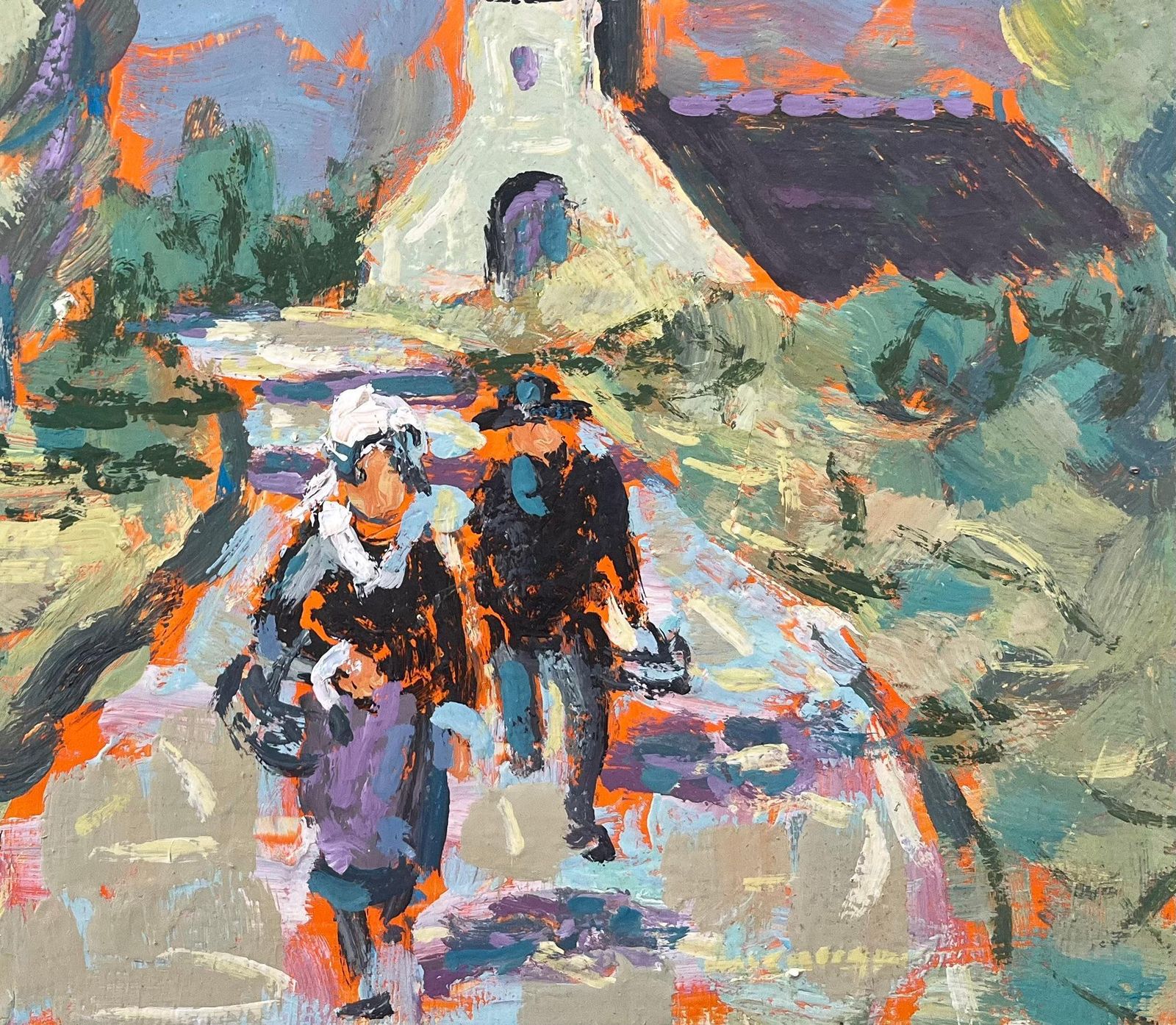 Fanch Lelfrench Impressionist Oil Painting Of Church And Village Scene With Figures1999 photo for sale