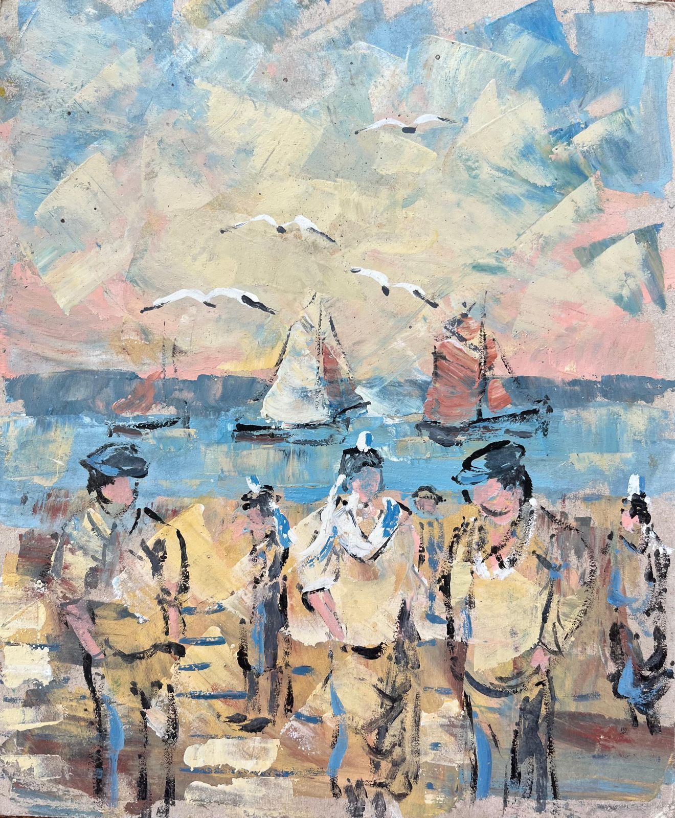 Fanch Lelfrench Impressionist Oil Painting Of Sailors And Seagulls By The Seaside