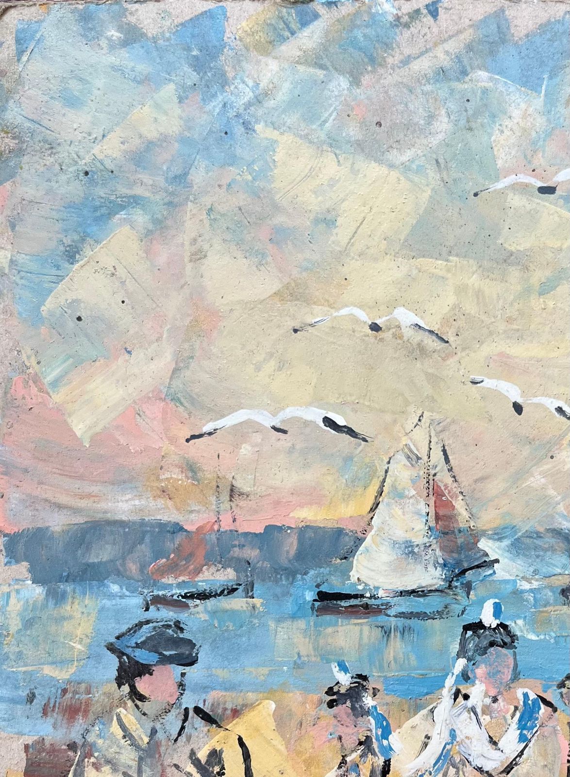 Fanch Lelfrench Impressionist Oil Painting Of Sailors And Seagulls By The Seaside photo vinterior