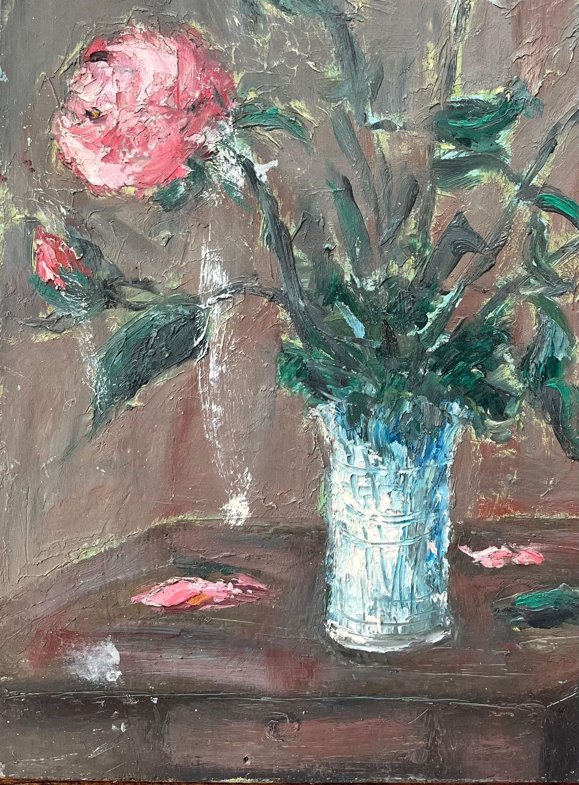 Fanch Lelfrench Impressionist Oil Painting Of Pink Roses In A Glass Vase photo Art