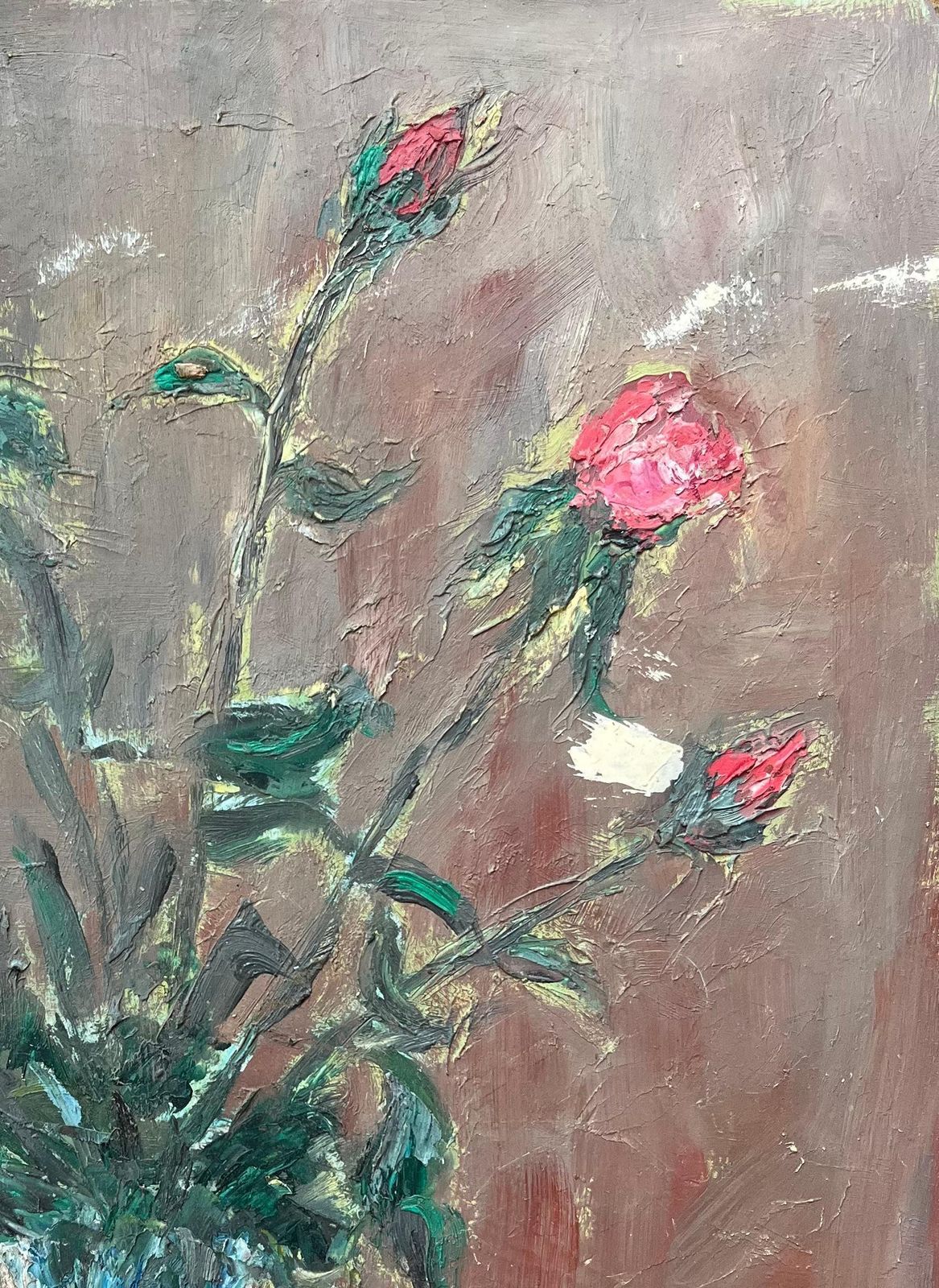 Fanch Lelfrench Impressionist Oil Painting Of Pink Roses In A Glass Vase photo vinterior