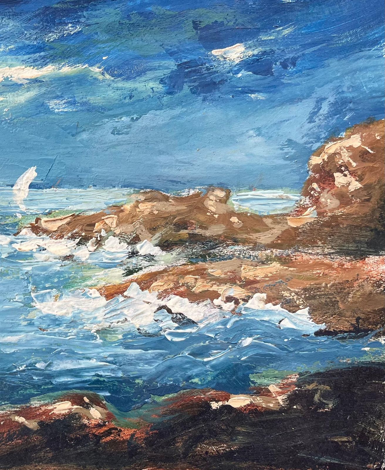 Fanch Lelfrench Impressionist Oil Painting Of A Coastal Scene With Sailboats photo for sale