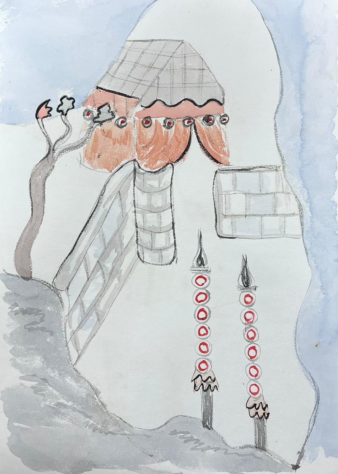 Marjorie Schiele (1913 2008)whimsical Watercolour Of An Abstract Architectural Scene With Unique Details