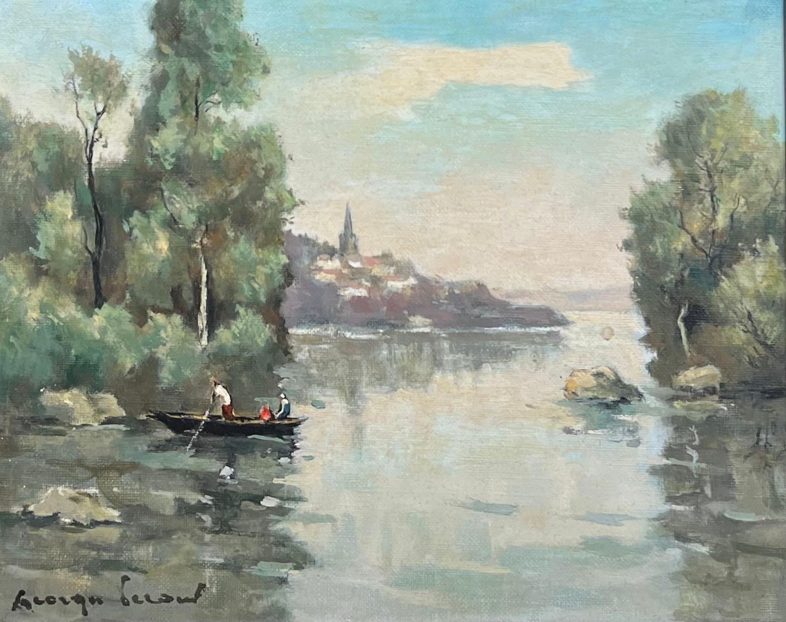 Georges Lerouxriver Landscape With Boaters Trees Distant Village French Mid Century Paintingmid 20th Century photo furniture